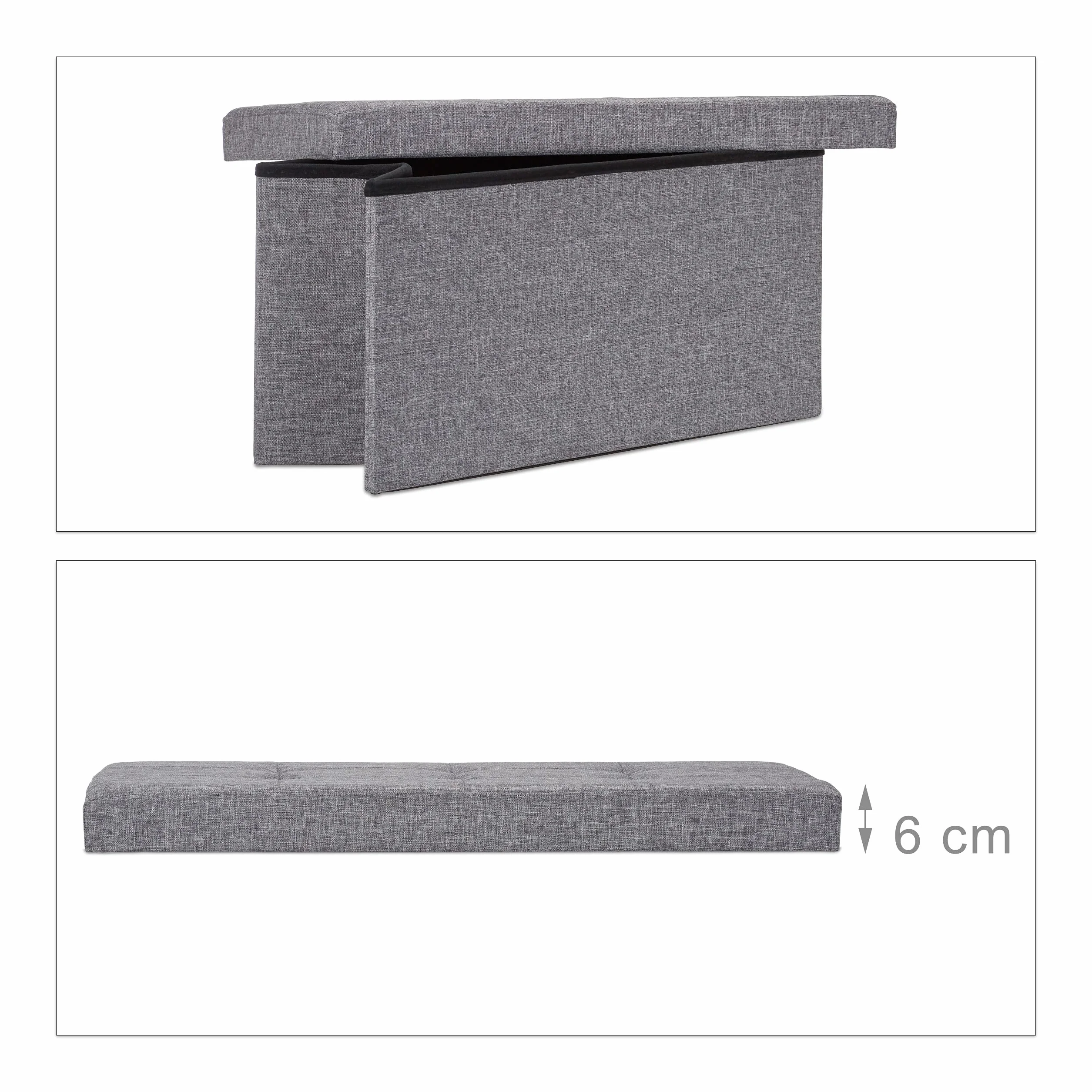 Relaxdays Banco otomano Plegable XL, Resistente, Taburete Plegable con Tapa extraíble, 38 x 76 x 38 cm, Gris Oscuro