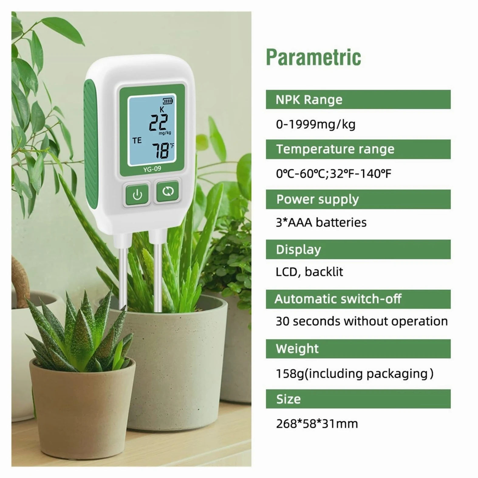 Medidor de humedad del suelo, Analizador de suelo con doble aguja, detector de nitrógeno, fósforo y potasio, comprobador de fertilidad for jardín. Para jardinería y agricultura