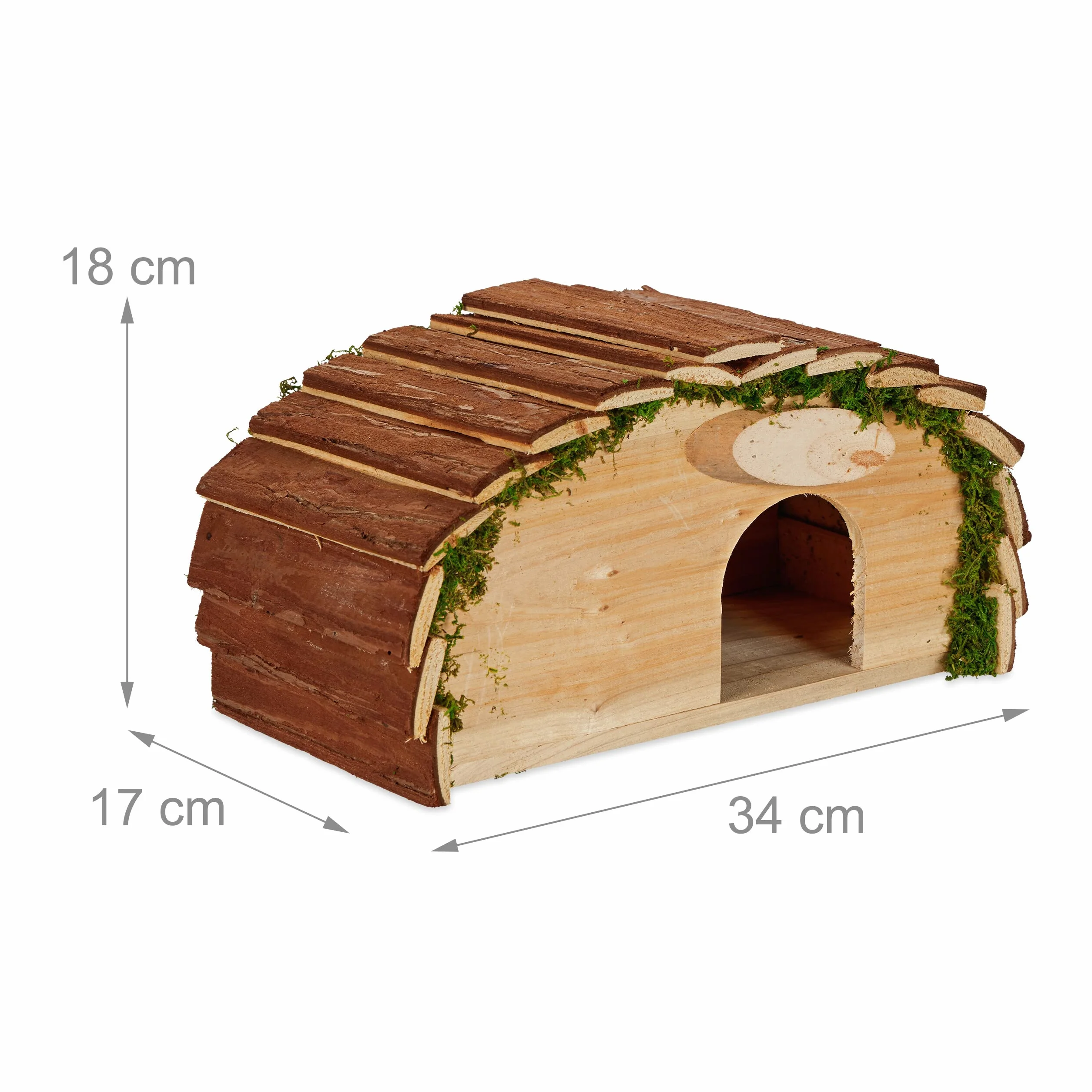 Relaxdays Casa Erizo Madera, Cueva Animales con Suelo, Corteza y Musgo, Refugio Hibernación, 18x34x17 cm, Marrón Natural