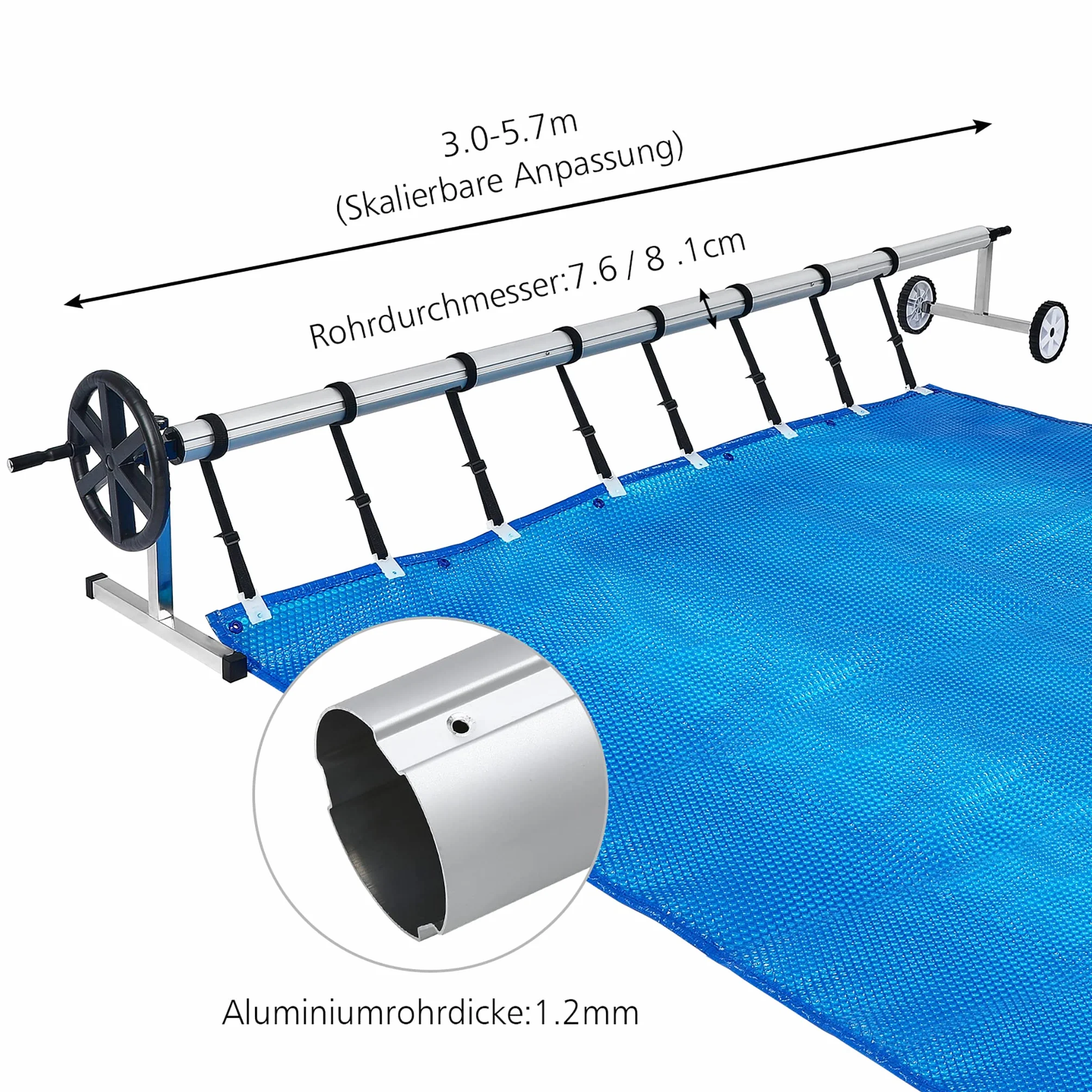 NAIZY Sistema de Enrollado para Piscina 3m - 5,7m Enrollador de Piscina Dispositivo móvil Enrollable con Ruedas Carrete de Piscina Que Incluye 8 Clips para Lona y Cubierta de Piscina, Tipo A