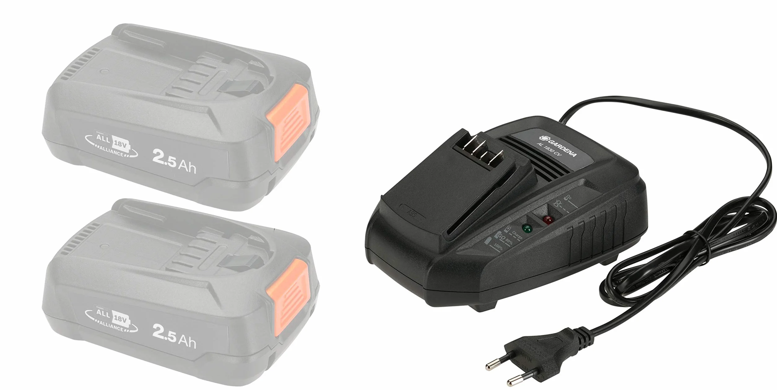 Gardena Cargador rápido AL 1830 CV: adecuado para todas las baterías de POWER FOR ALL 18 V, tiempo de carga de batería de 2,5 Ah 60 minutos, indicador de estado LED para el nivel de batería (14901-20)