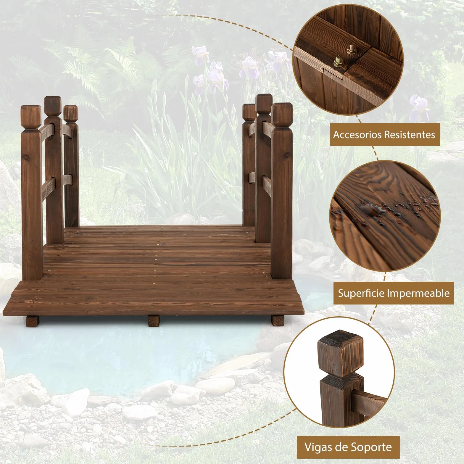 COSTWAY Puente de Jardín Madera, 171 x 76,5 x 58cm, Puente de Pie Decorativo Carbonizado con Barandillas de Seguridad, Carga 180 kg, Madera de Abeto, Jardín, Patio, Granja