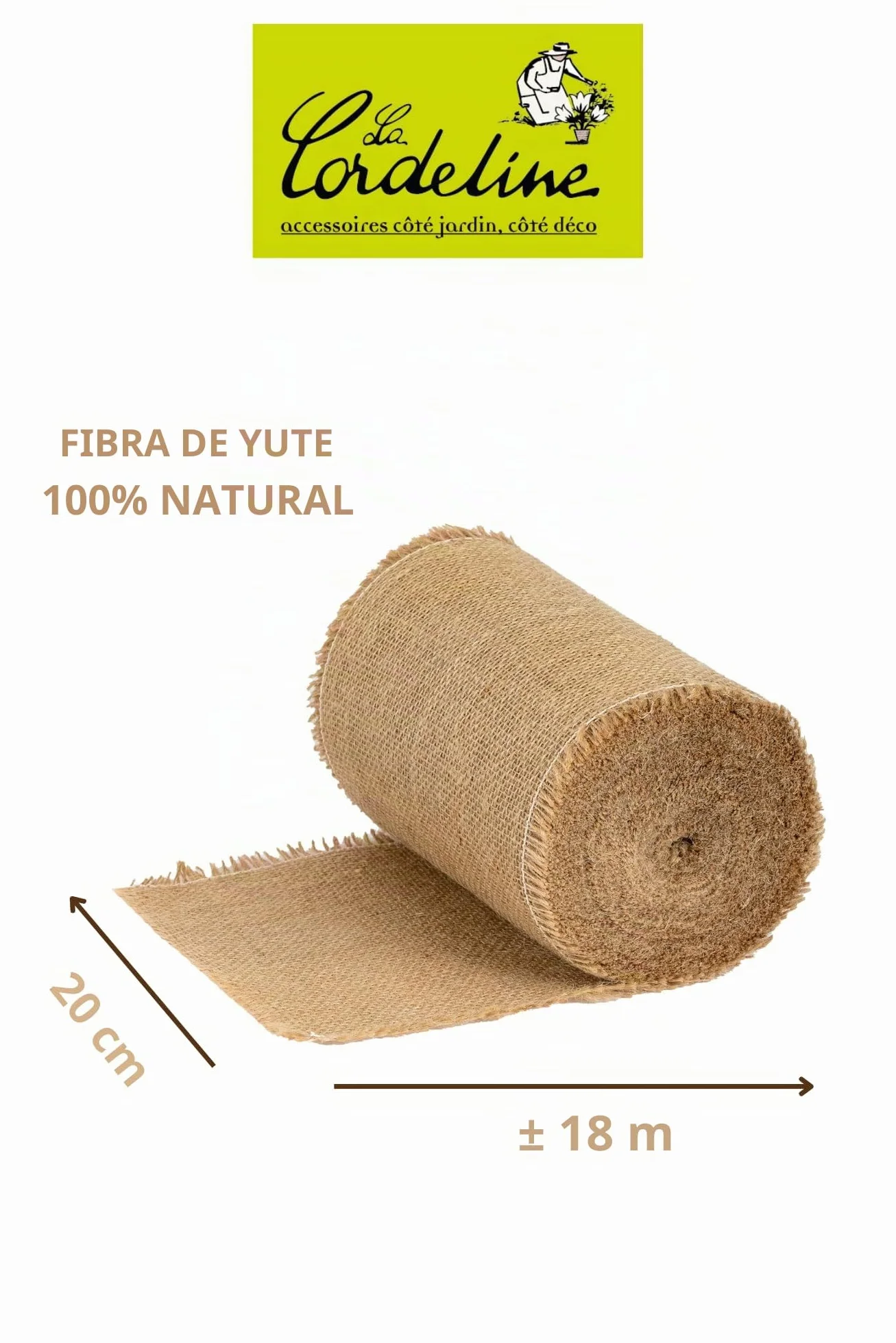 La Cordeline - Cinta de arpillera natural, 20 cm, rollo de 18 metros, para manualidades, decoración, jardinería
