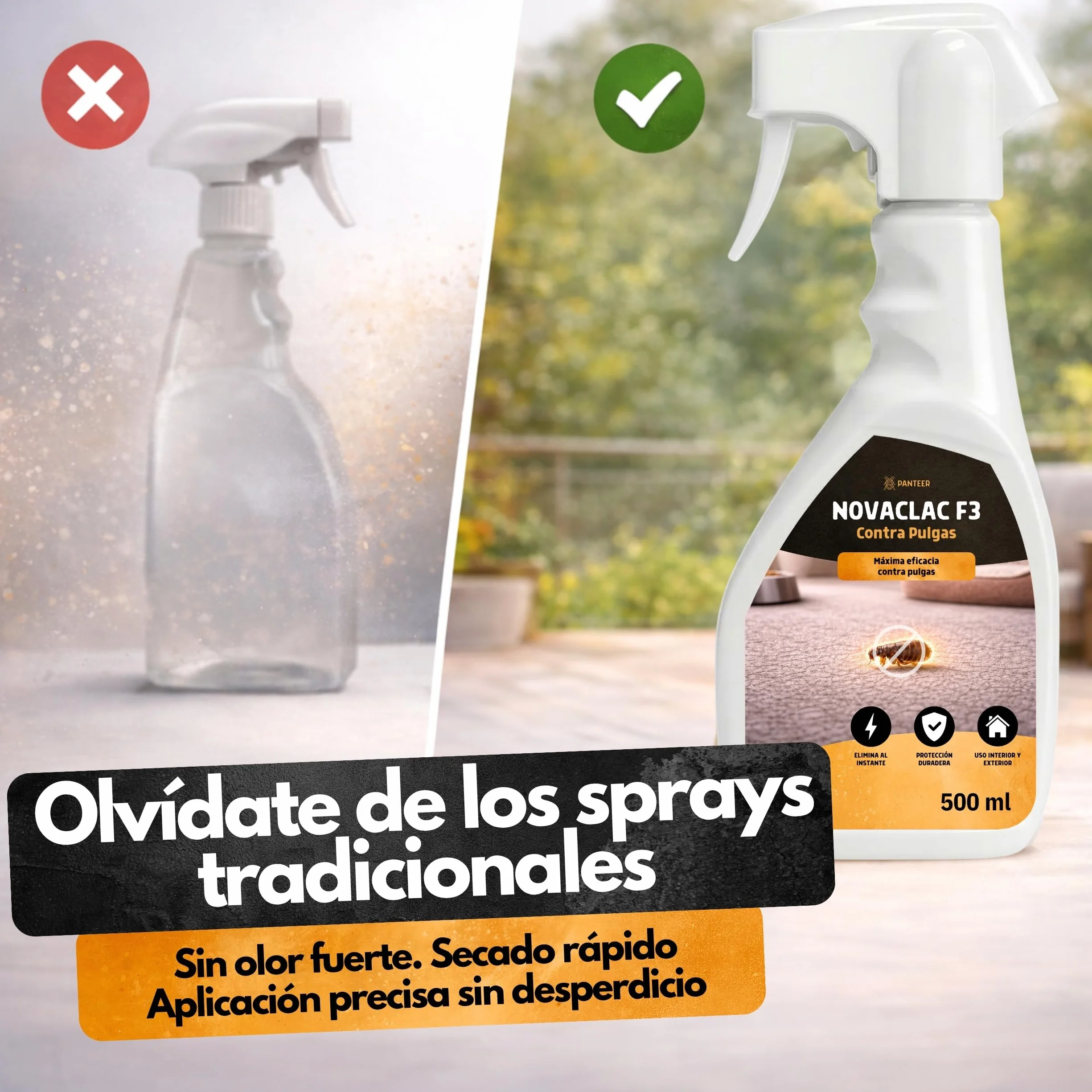 NOVACLAC F3 Mata Pulgas – Spray Insecticida 500 ml PT18 – Elimina pulgas al instante – Protección duradera – Uso interior y exterior – Calidad europea formulada para España