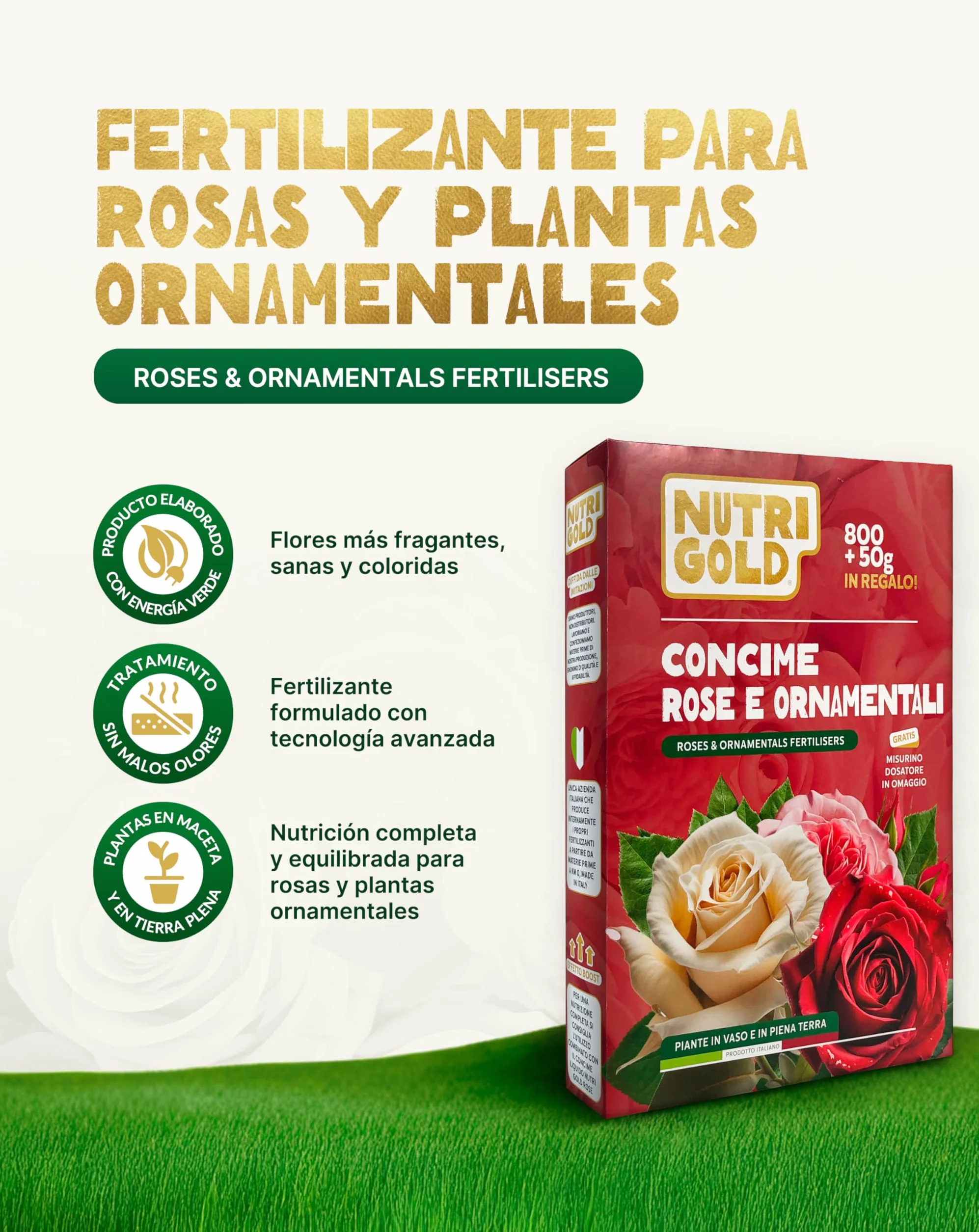 NutriGold® fertilizante Rosas y Flores | Abono para Rosas, Flores y Plantas Floridas - Estimula Floraciones Ricas e Intensas - 100% Natural Km0 - Sólido 800g + 50g Gratis