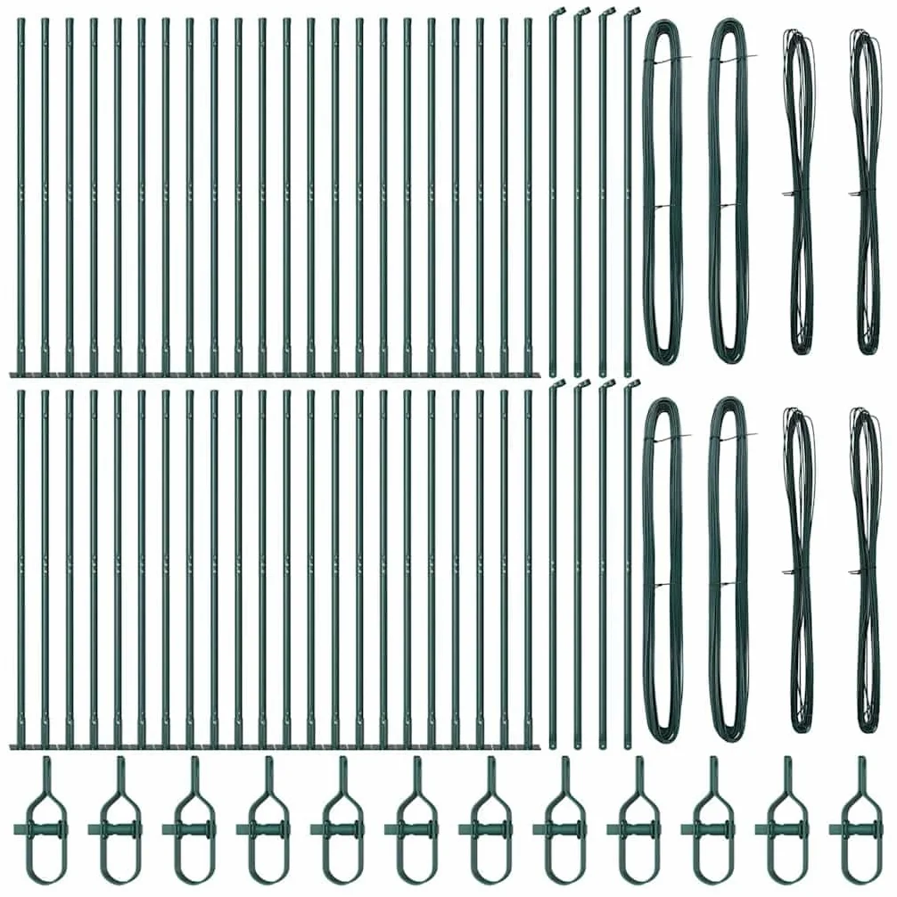 Juego de 52 postes para valla para hormigón, postes de acero, 130 cm, color verde | Juego de postes de acero resistentes para vallas de jardín y terraza, incluye placas de hormigón y alambre tensor.