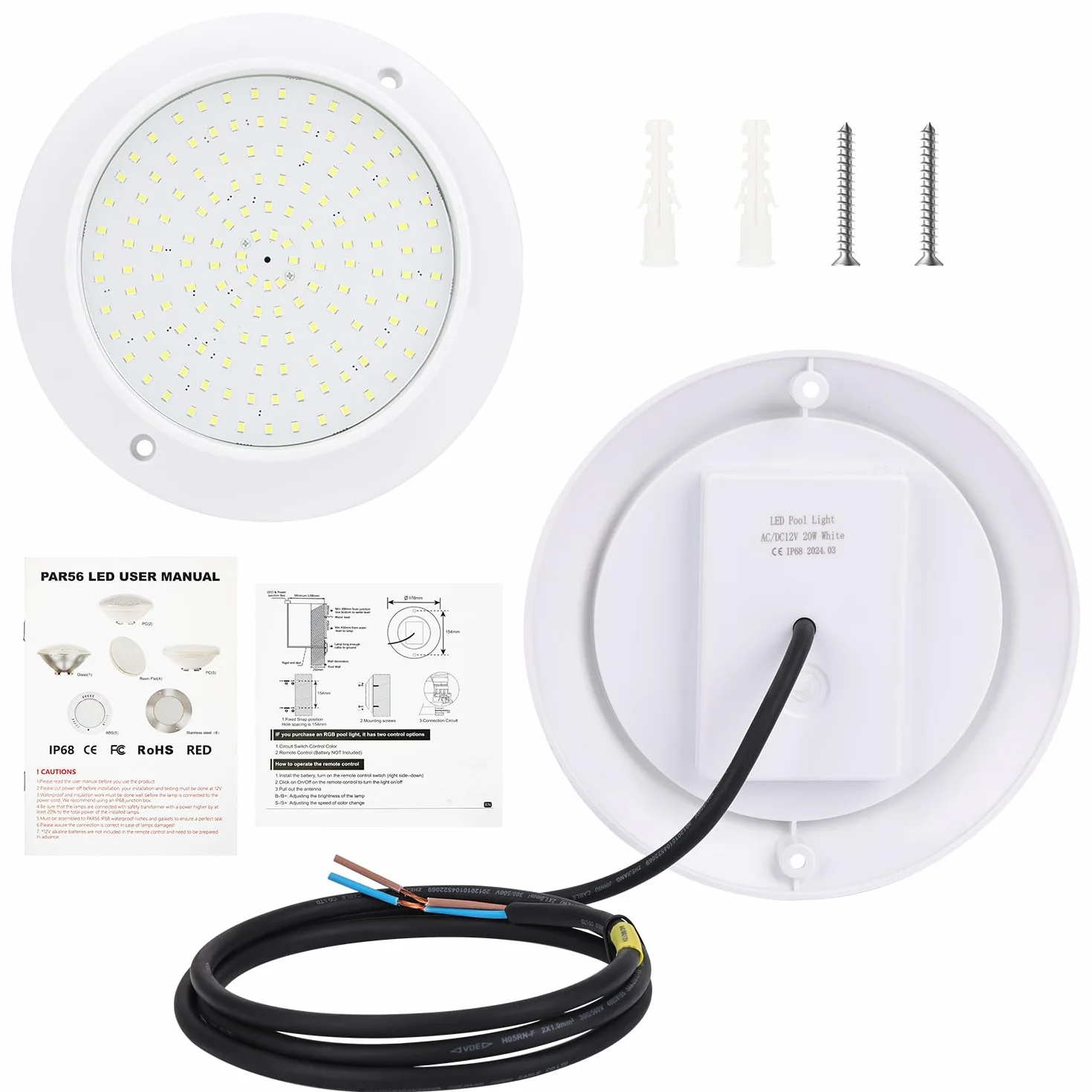 LED Proyector piscina Par56, iluminación de resina 20W 6000K, lámpara submarina IP68 PC, AC/DC 12V