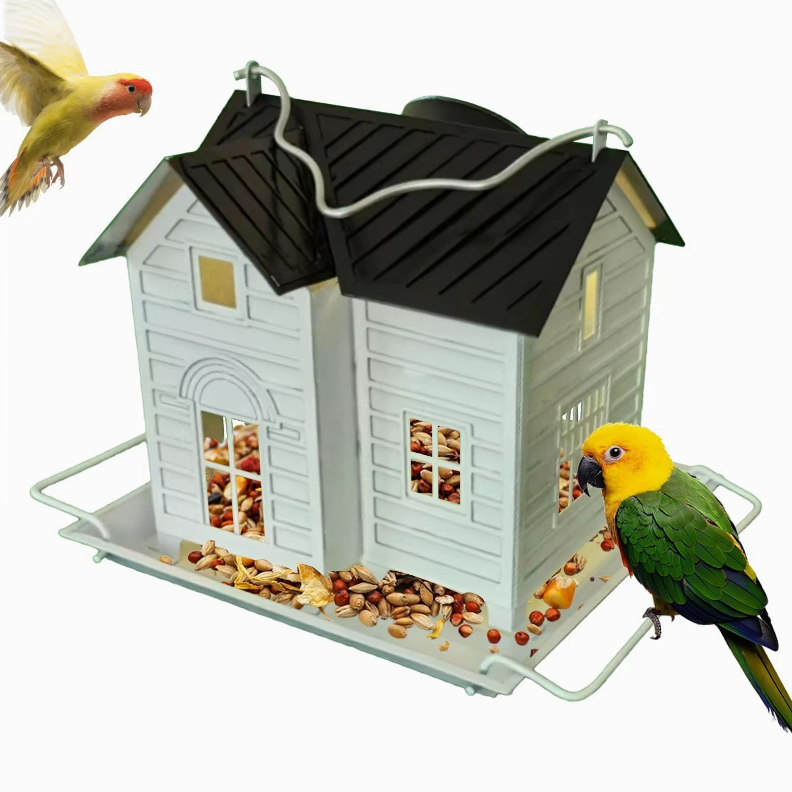 Comedero para pájaros, decoración de jardín, Solar con luz Solar, dispensador de Comida de Metal para pinzones y colibríes, para Patio, jardín o Granja (Modelo Solar)