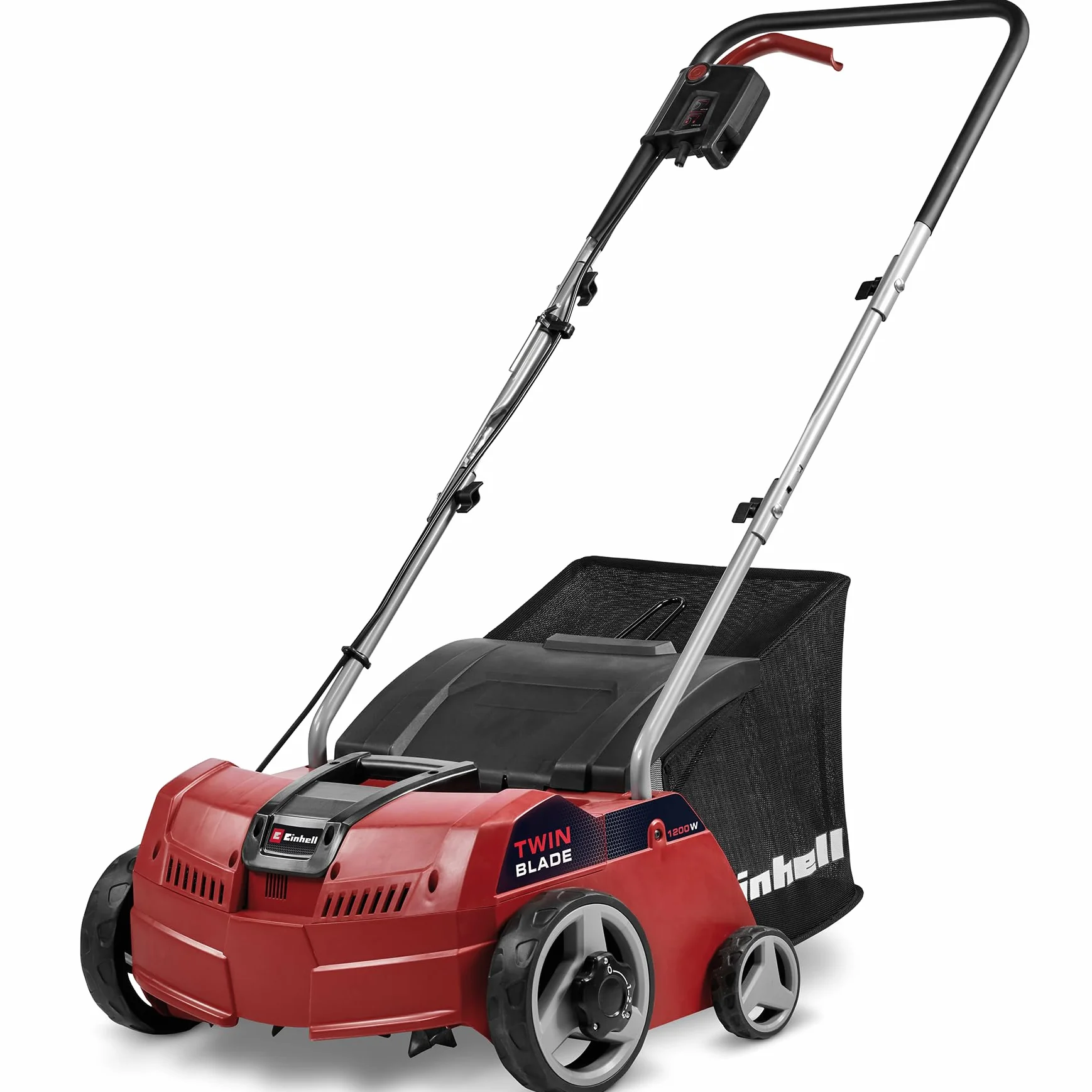 Einhell Escarificador-aireador eléctrico GC-SA 1231/1 (hasta 300m², 1200W, Potente Motor con Cierre en hileras, Bolsa colectora 28L de Volumen, Rodillo de Cuchillas + Rodillo de aireación)