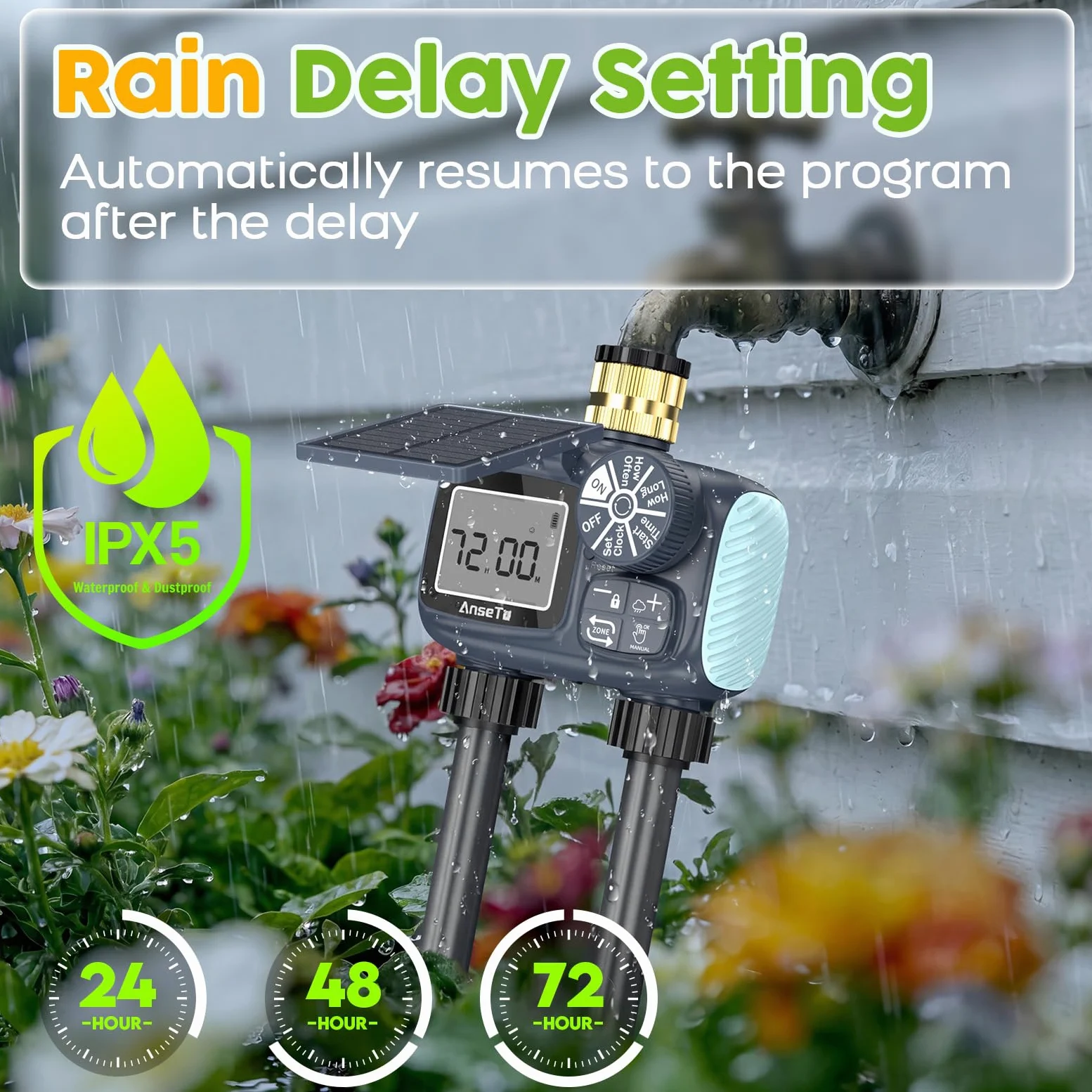 Programador de Riego Solar 2 Salidas, Sistema de Riego Inteligente Ajustable Carga Solar Tipo C para Jardín