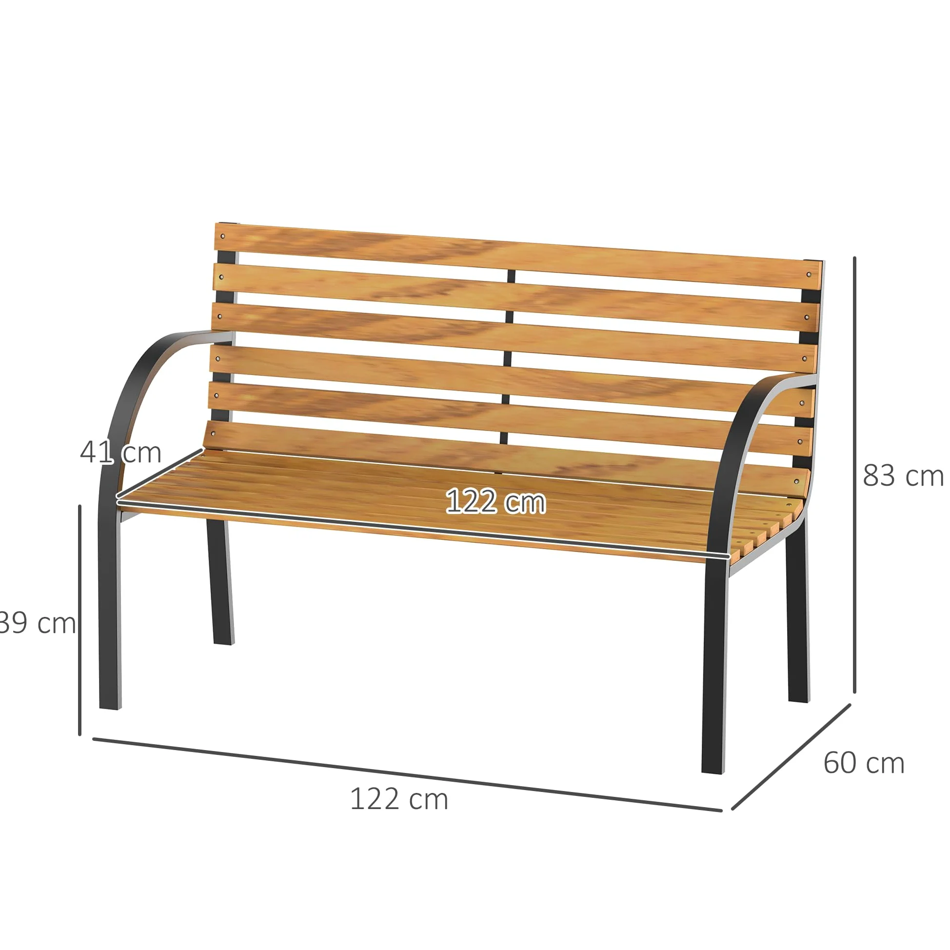 Outsunny Banco de Jardín de Madera 2 Plazas 122x60x83 cm Respaldo Apoyabrazos Acero Carga 220 kg Natural Negro
