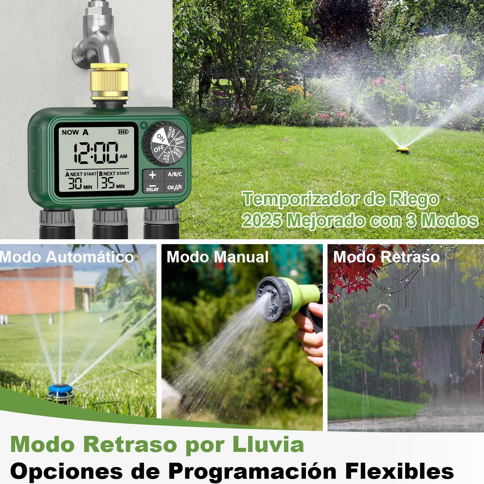 Programador Riego 3 Salidas con Entrada de Latón, Pantalla LCD Grande, Temporizador de Riego Automatico con Retraso por Lluvia, Riego Automático/Manual, Programador de Riego para Jardín Césped