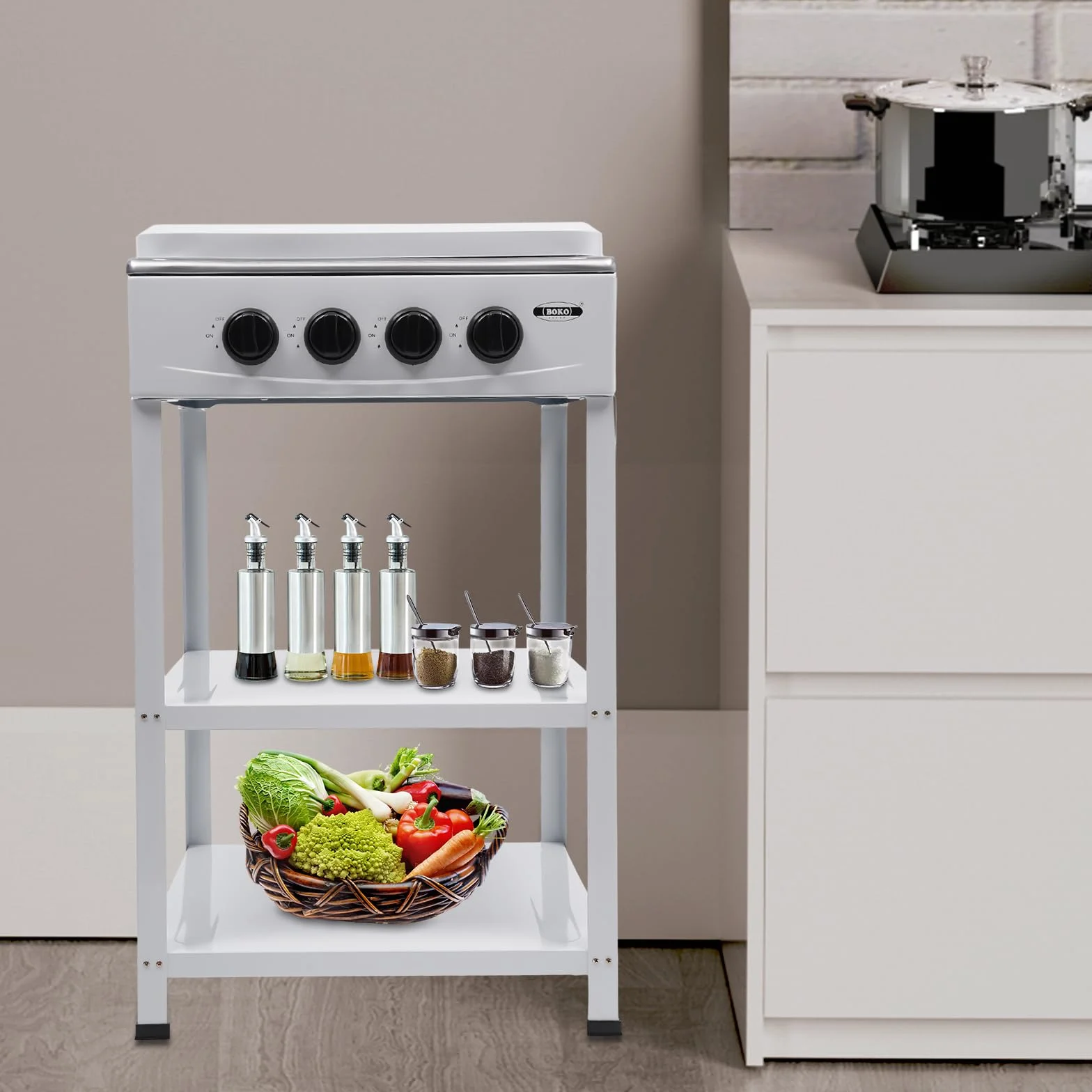 4 fuegos de gas con soporte antideslizante, carro de barbacoa con tapa, cocina de gas independiente, estufa de gas para camping, 49 x 49 x 79 cm (blanco)