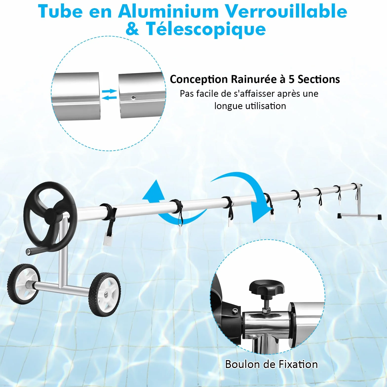 GOPLUS Enrollador Piscina para Liner de Piscina 1,65-7,7 m, Enrollador Lona Piscina de Aluminio y Soporte de Acero Inoxidable