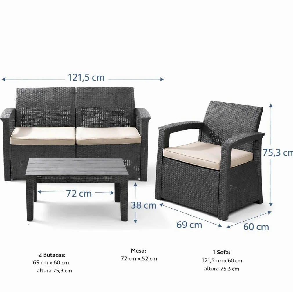 MUEBLIX.COM - Conjunto de Jardín Raeiros, Sofá de 2 Plazas más 2 Butacas y Mesa, Set de Muebles de Jardín Exterior para 4 Personas, Cojín de Tela, Polipropileno con Acabado Ratán, Gris
