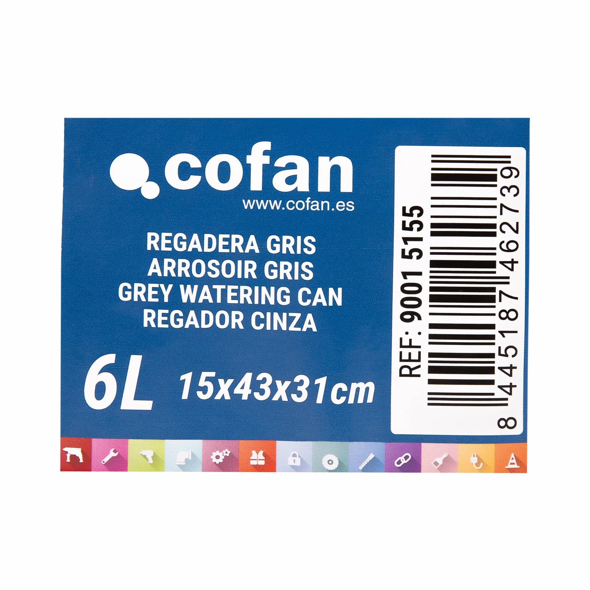 Cofan Regadera Gris de 6 litros con Cabezal Desmontable, HDPE Resistente, Asa de Transporte, Regadera para Interior y Exterior