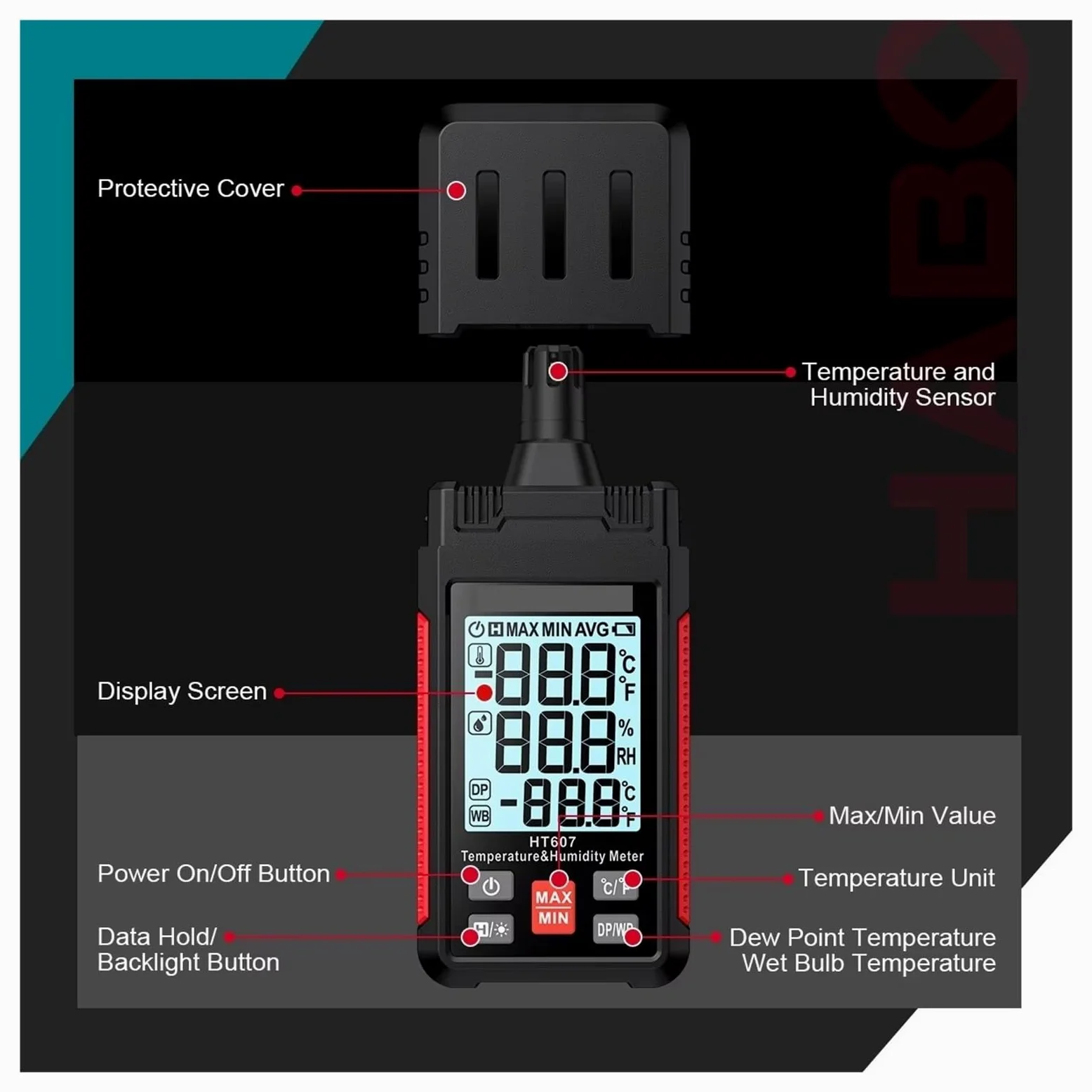 Medidor digital de temperatura y humedad HT607, termohigrómetro preciso for uso en laboratorio y granja