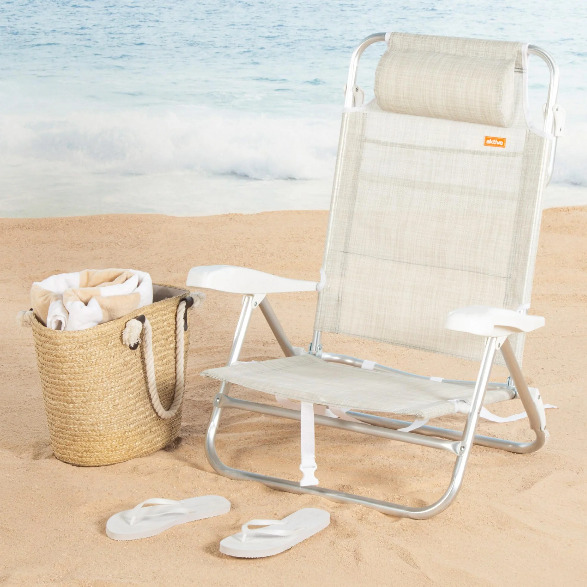 AKTIVE Silla de Playa Plegable, Beige, Multiposición 8 Posiciones, Textileno y Aluminio, 47x49x82 cm, Soporta 110 kg, con Asa de Transporte