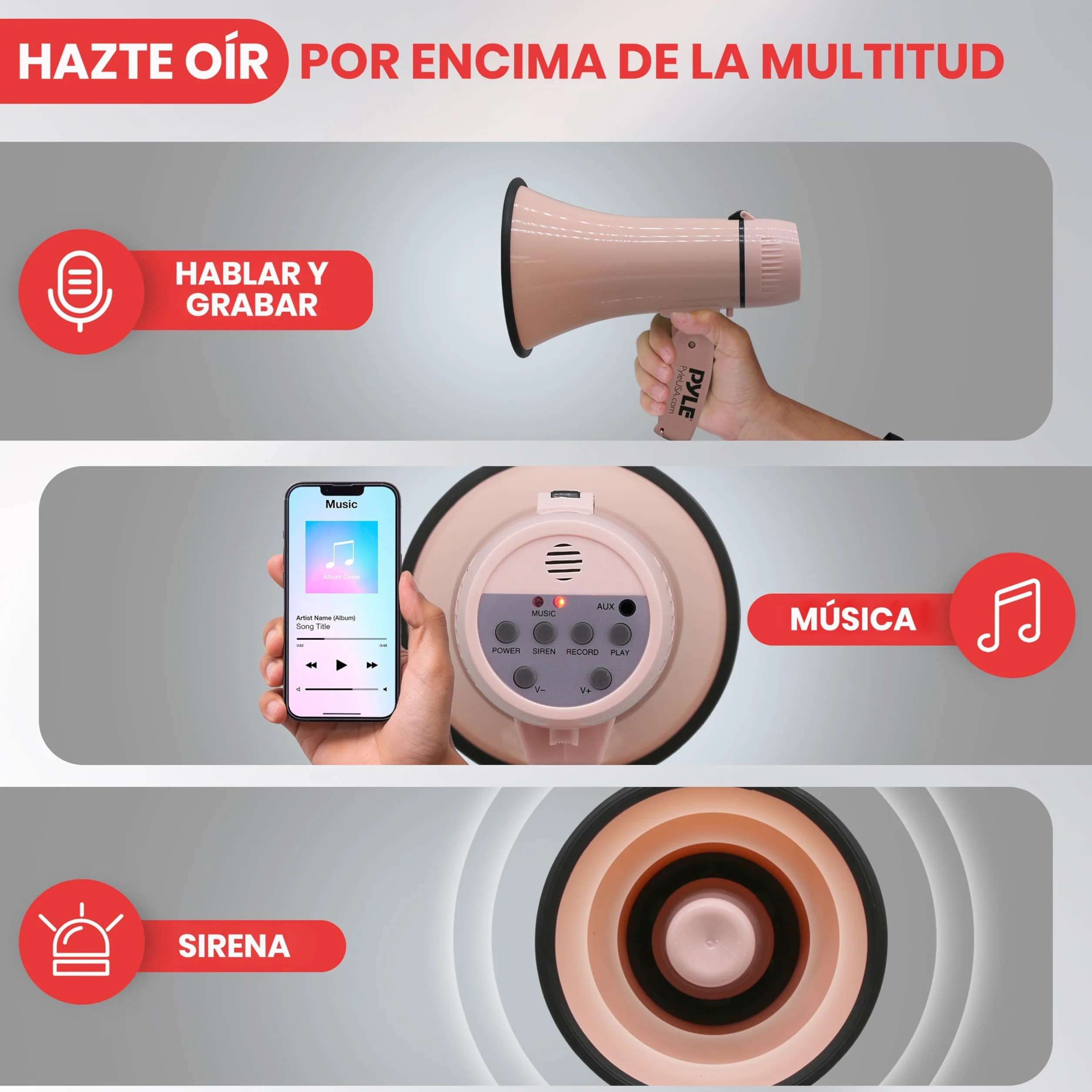 Pyle Megafono Portatil 20V Altavoz Sirena Compacto