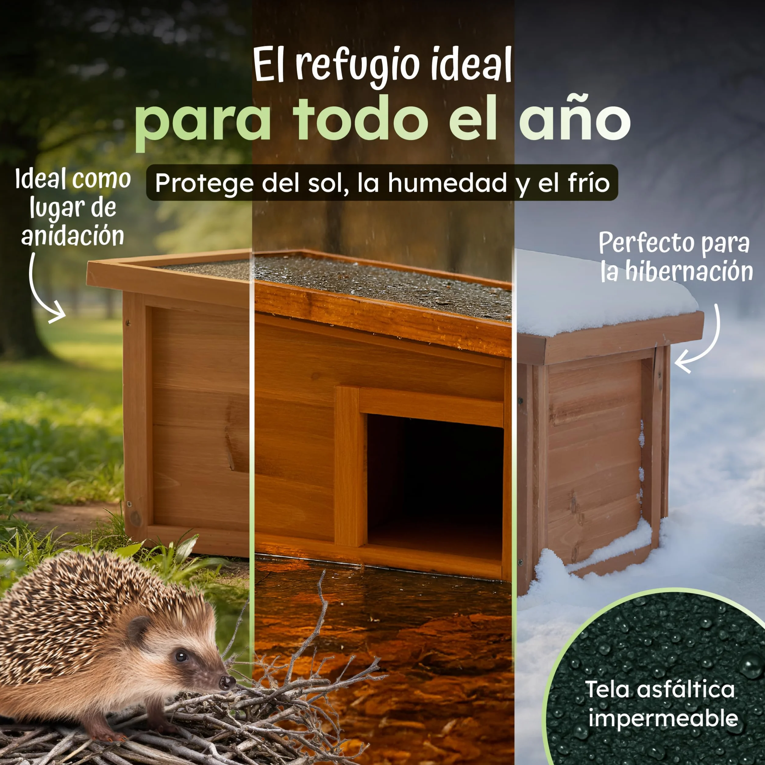 Moorland Casa de hibernación para erizos – Refugio de Invierno en Madera FSC 40×34 cm, Entrada laberíntica ventilada, Base, Techo extraíble, Resistente a la Intemperie para jardín
