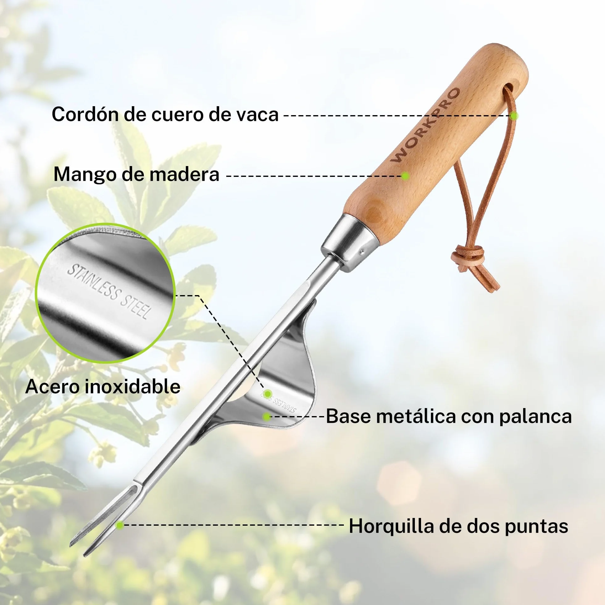 WORKPRO Desherbador Manual de Acero Inoxidable, Extractor de Malas Hierbas con Mango de Madera Ergonómico, Herramienta Quitahierbas para Jardín, para Quitar Dientes de León, Cardos y Otras Malezas