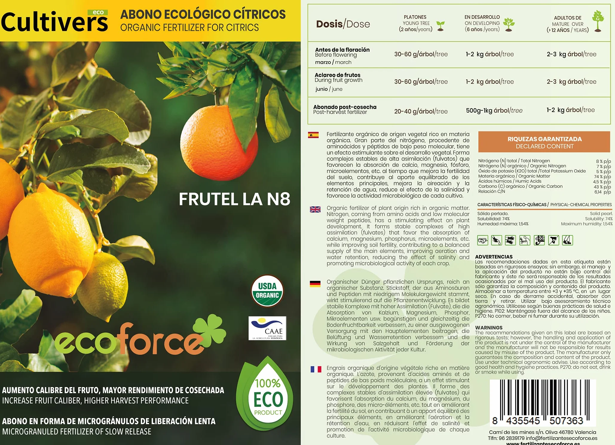 CULTIVERS Abono Cítricos Ecológico 5 kg. Fertilizante Origen 100% Orgánico y Natural Microgránulado. Mayor Rendimiento