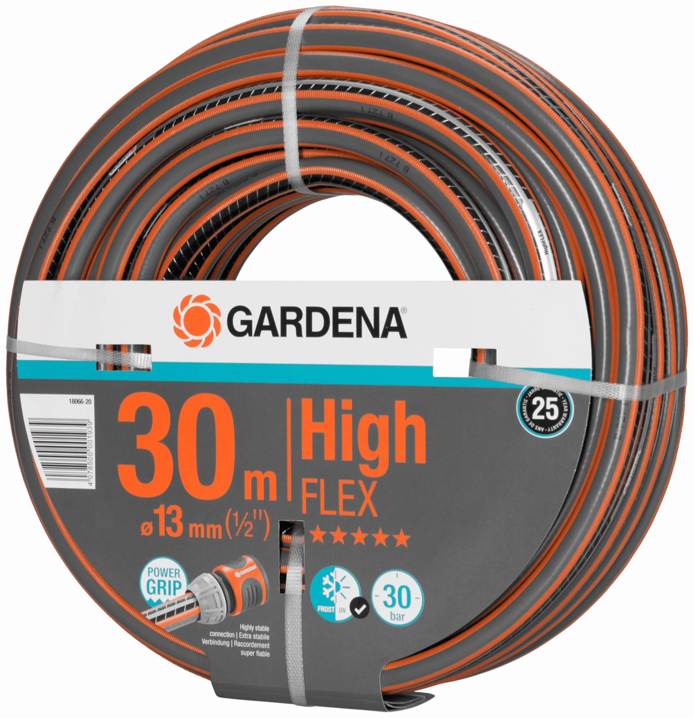 Gardena Manguera de jardín con perfil de agarre eléctrico, Presión de ruptura de 30 bar, Dimensionalmente estable, Resistente a los rayos UV, Color Negro/Gris/Naranja, 30 m
