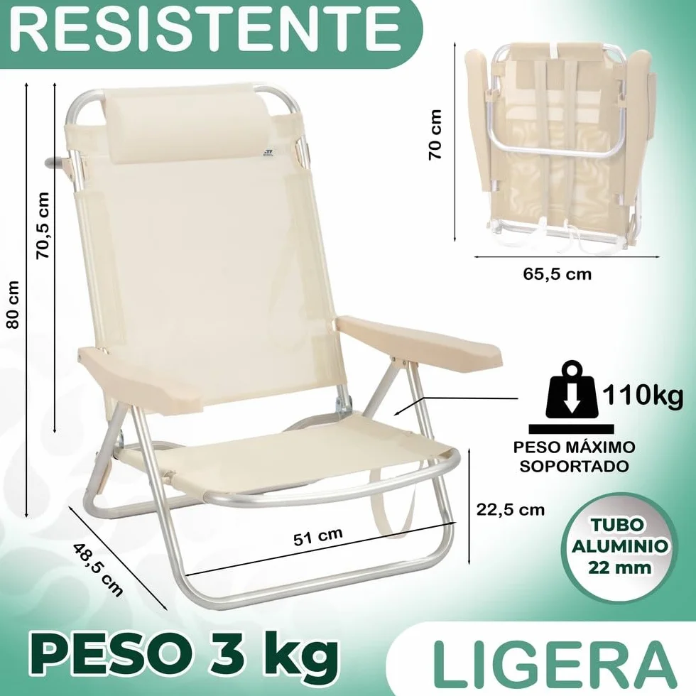LOLAhome Silla Playa Mochila de 4 Posiciones de Aluminio y textileno de Color Beige