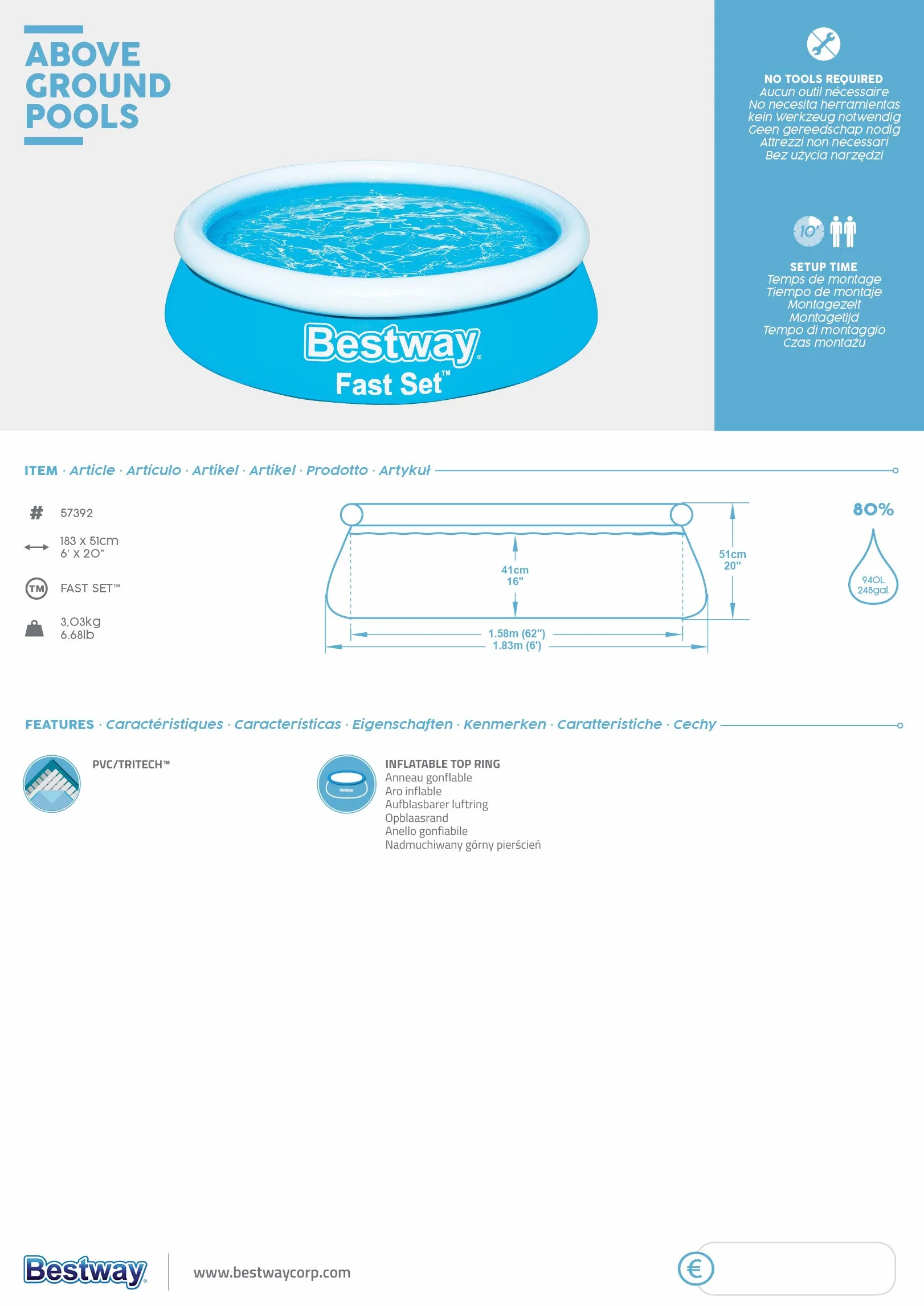 Bestway Piscina automontable 183x51, Azul, BW57392