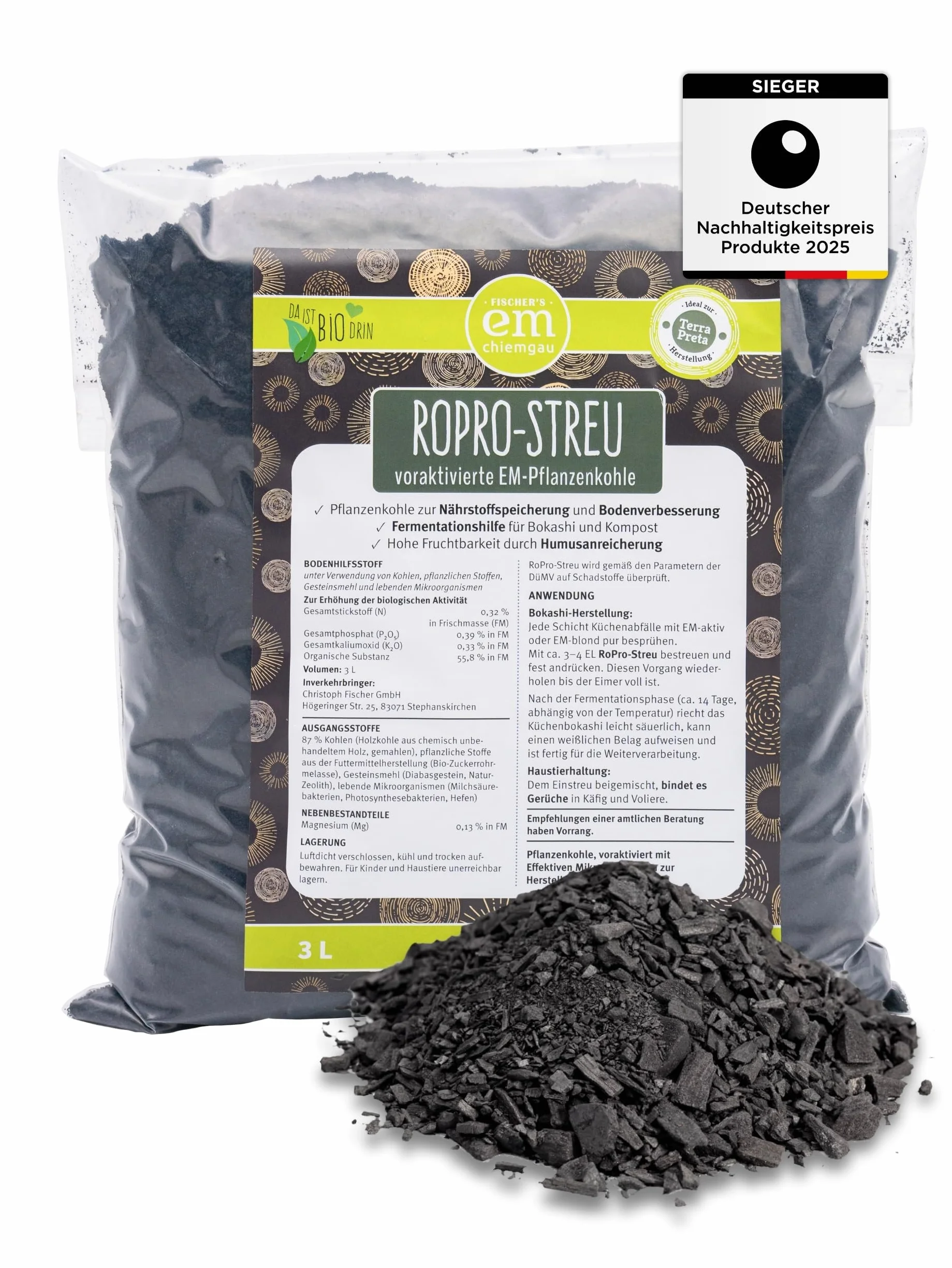 EM-Chiemgau RoPro-Streu - Carbón vegetal (3 L, activador de raíces, activador de suelo y acelerador de compostaje [preactivado con microorganismos efectivos] para Terra Preta, Bokashi, desarrollo de