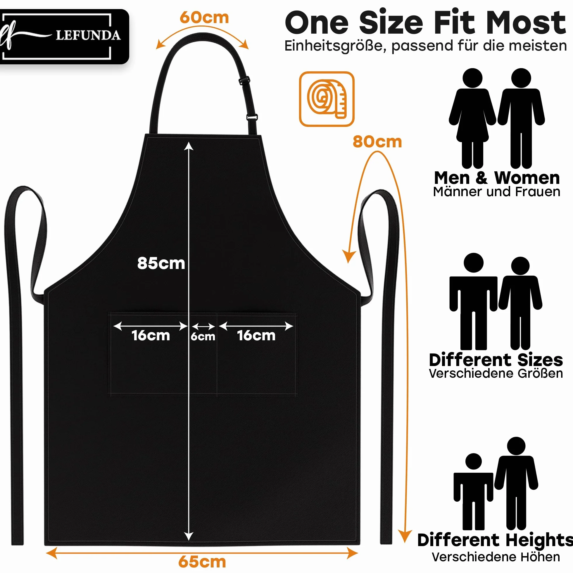 LEFUNDA® Delantal de Cocina Impermeable con 3 Bolsillos Ajustable, Delantal de Barbacoa con Correas Largas, Delantal de Cocina para Hombres y Mujeres, Cocinar, Restaurante, Café, Hornear (Negro)