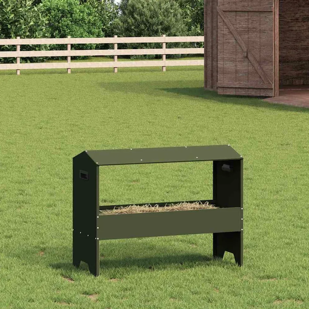 Comedero para animales de granja en color verde oliva de acero laminado en frío, 79 x 35 x 62 cm, capacidad de 15 kg, resistente a la intemperie, para interior y exterior, comedero estable