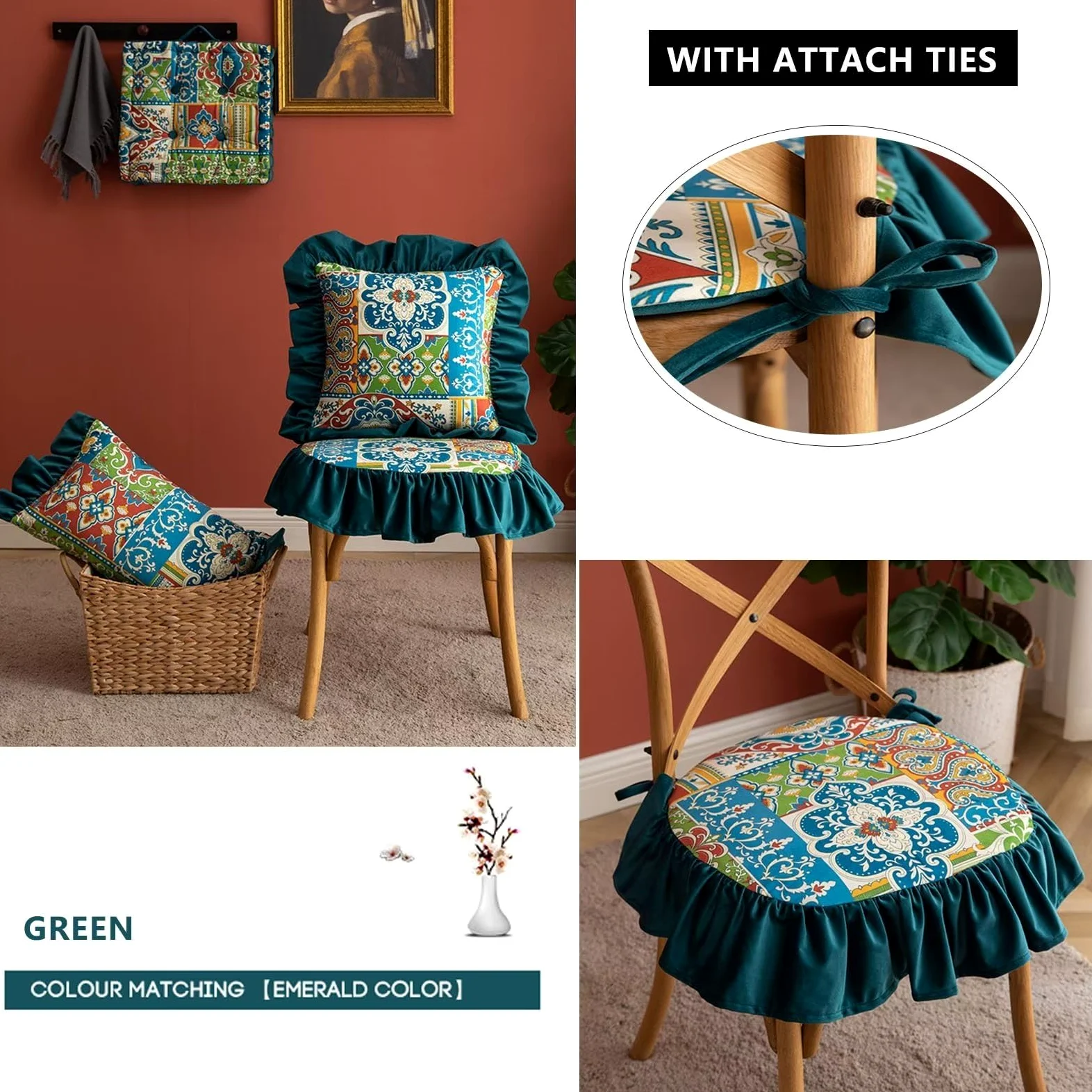 Cojines para sillas de comedor con faldón, almohadillas para sillas de comedor, paquete de 6 con lazos, cojín de asiento de 45 x 45 para sillas de cocina, funda lavable y extraíble, color morado