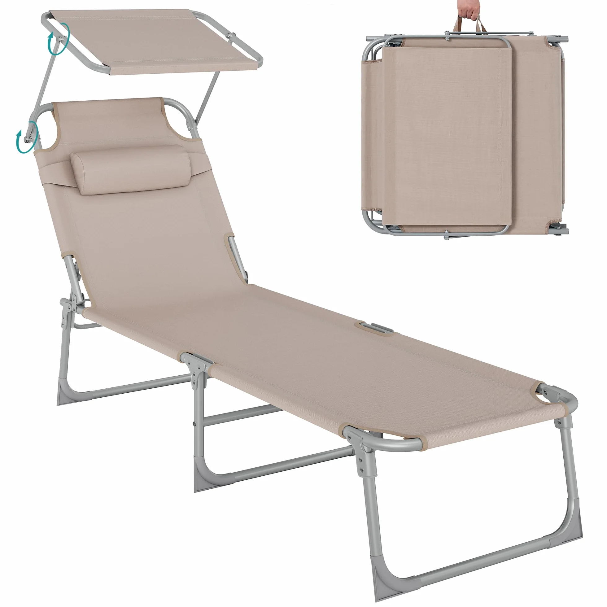 SONGMICS - Tumbona Plegable, Tumbona, 193 x 53 x 29 cm, Capacidad de Carga 150 kg, con Parasol y Respaldo reclinable, para jardín, Piscina, terraza, Color Topo GCB192K01
