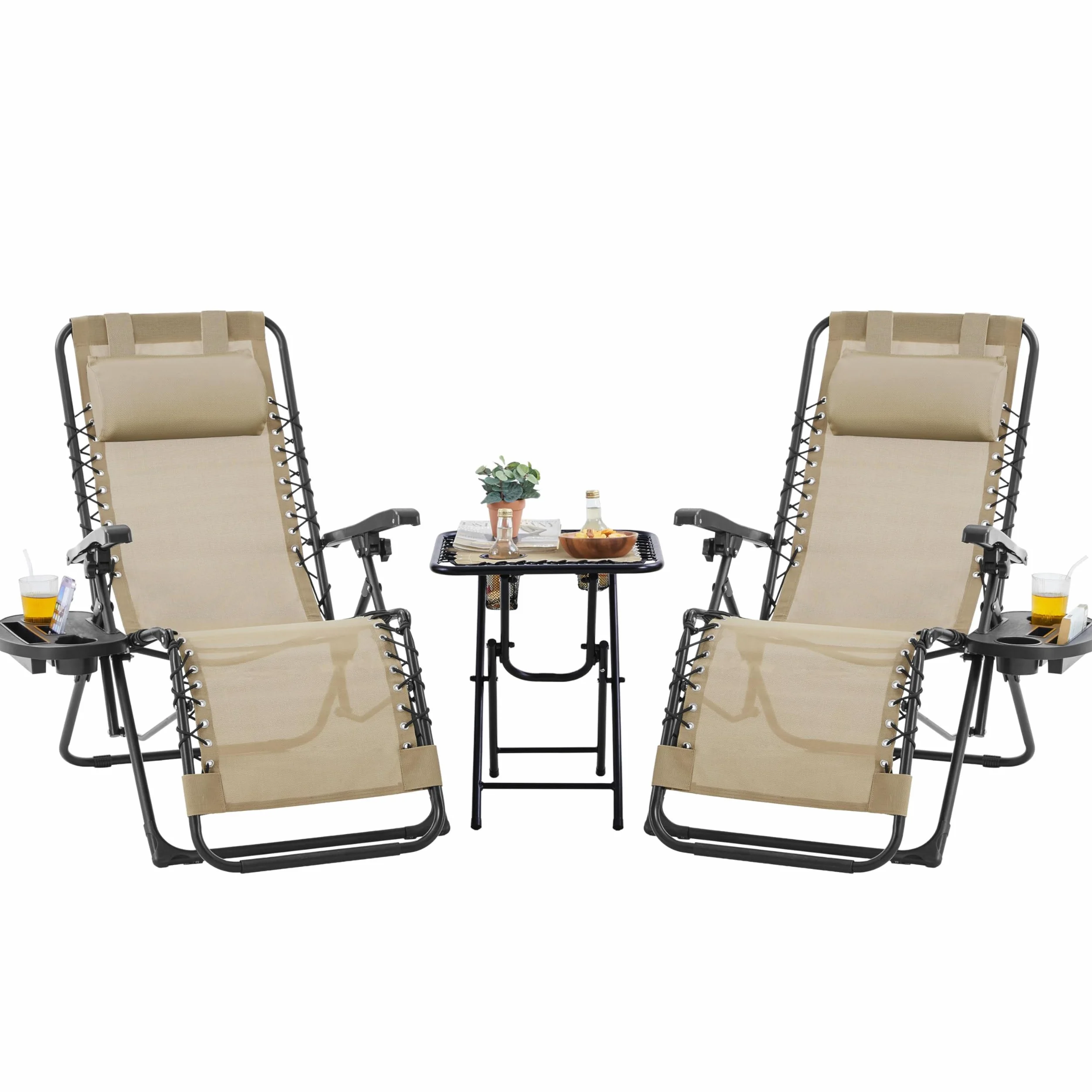 Yaheetech 2 Tumbonas o Sillas de Exterior Plegables y reclinables, con Mesa Auxiliar, Portavasos, Reposacabezas, Tumbonas de Gravedad Cero con Respaldo Ajustable, para Patio, Piscina, Beige