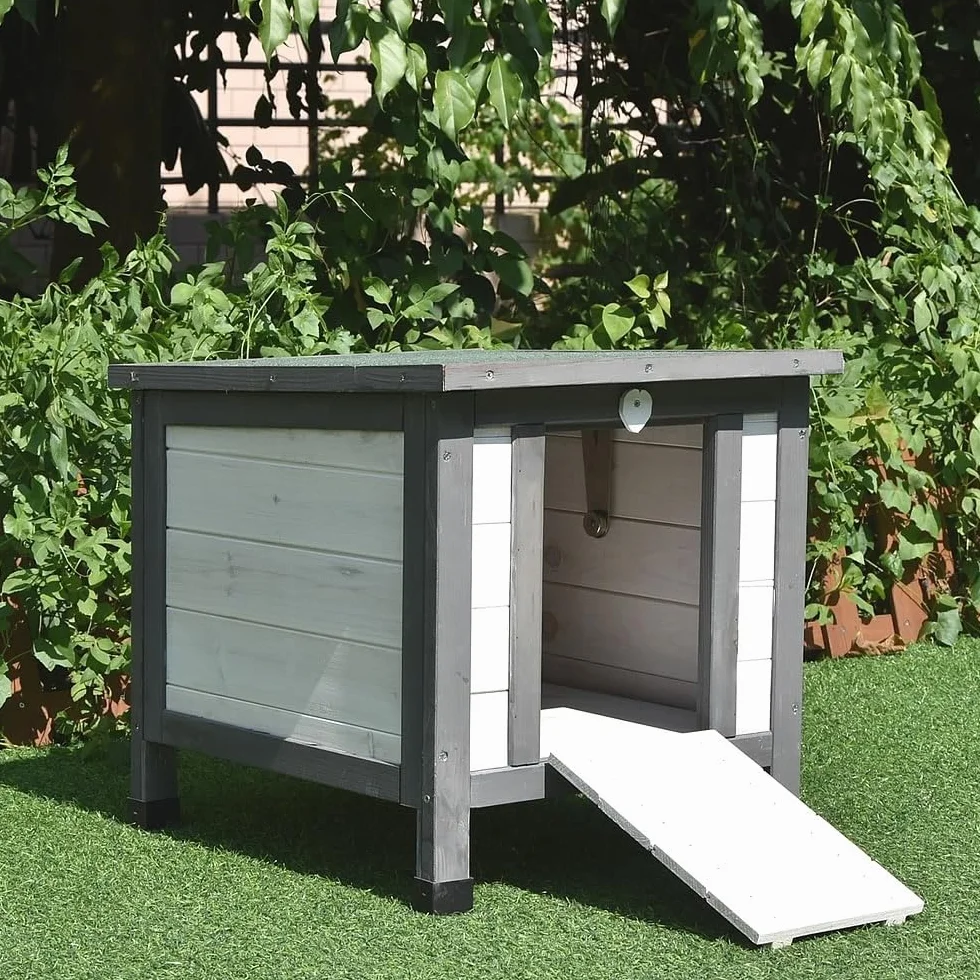Melko Casa de erizo resistente al invierno con suelo y techo resistente a la intemperie para erizos con tapa plegable, 50 x 45 x 43 cm, cabaña para erizos, color gris y blanco