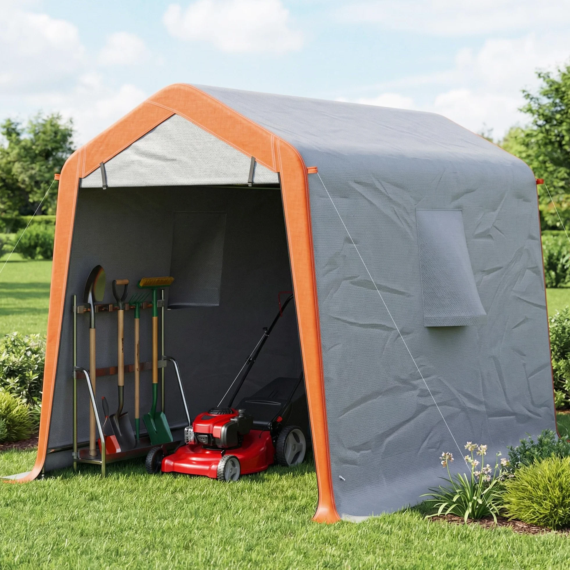 Outsunny Carpa Garaje Portátil 2,4x1,8 m, Garaje Exterior para Coche Impermeable con Puerta Enrollable con Cremallera, Ventanas, Estructura de Metal Galvanizado, UPF30+, Gris Claro