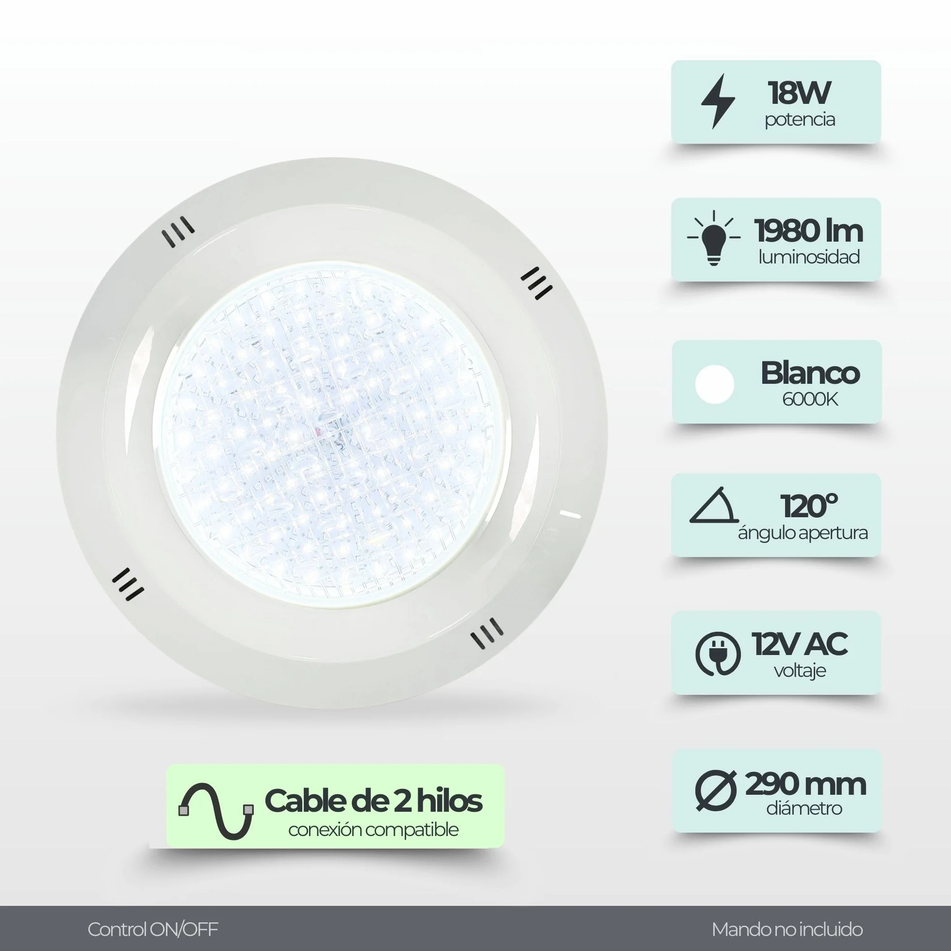 SWIMHOME Warmpool Foco LED Piscina Superficie 18W 12V AC Blanco Frío 6000K IP68 29cm Cruceta 4 Tornillos