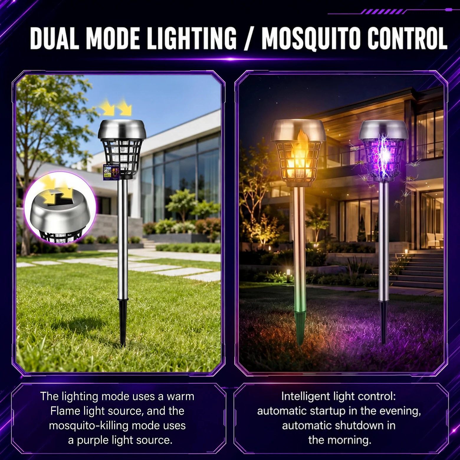 Qualirey 12 piezas de matamosquitos solar para exteriores, impermeables, matamosquitos con energía solar, lámpara repelente de mosquitos para patio, jardín, insectos (púrpura/luz de llama, acero