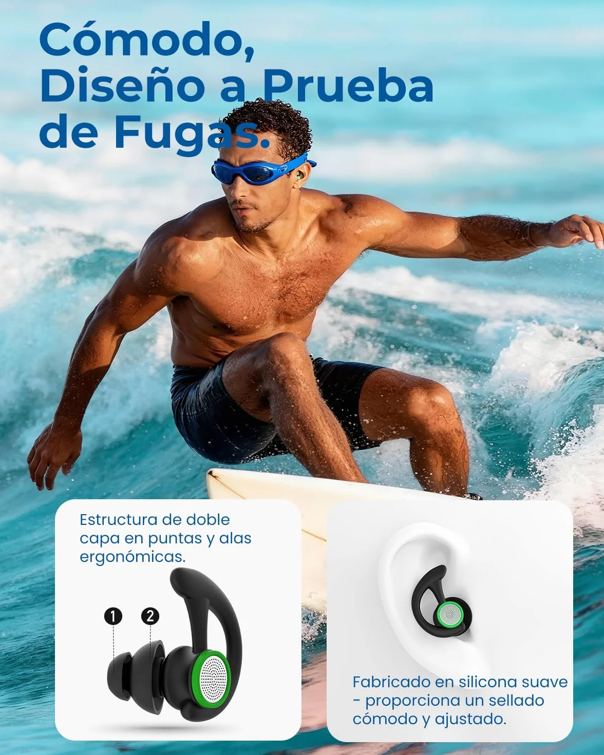 Hearprotek Tapones para los oídos para nadar, 2 pares, reutilizables, a medida, adultos, Negro