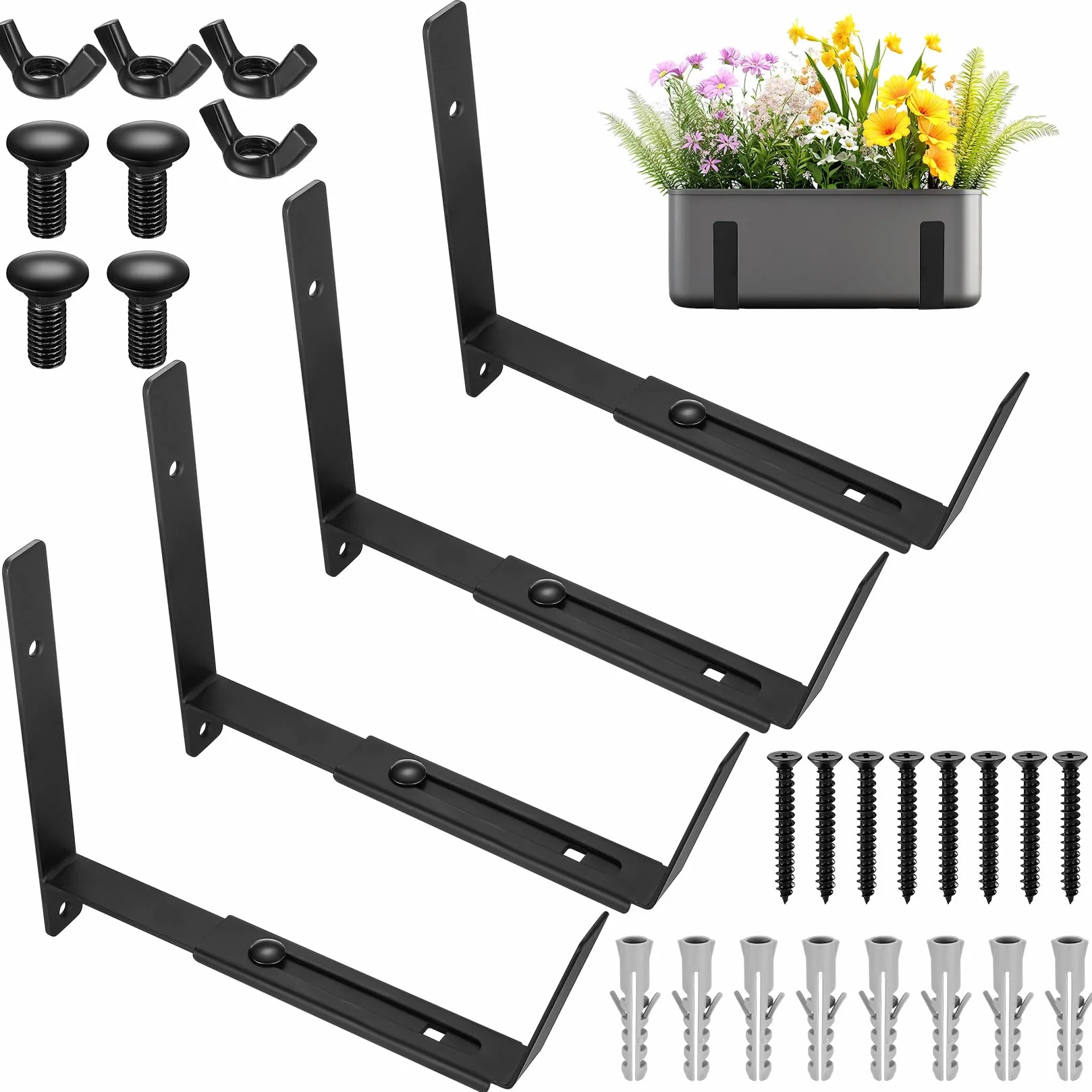 4 soportes de caja de ventana, soportes ajustables de 5.9 a 11.8 pulgadas para alféizar de ventana, macetas de balcón, macetas para barandillas, soporte colgante al aire libre para valla, balcón