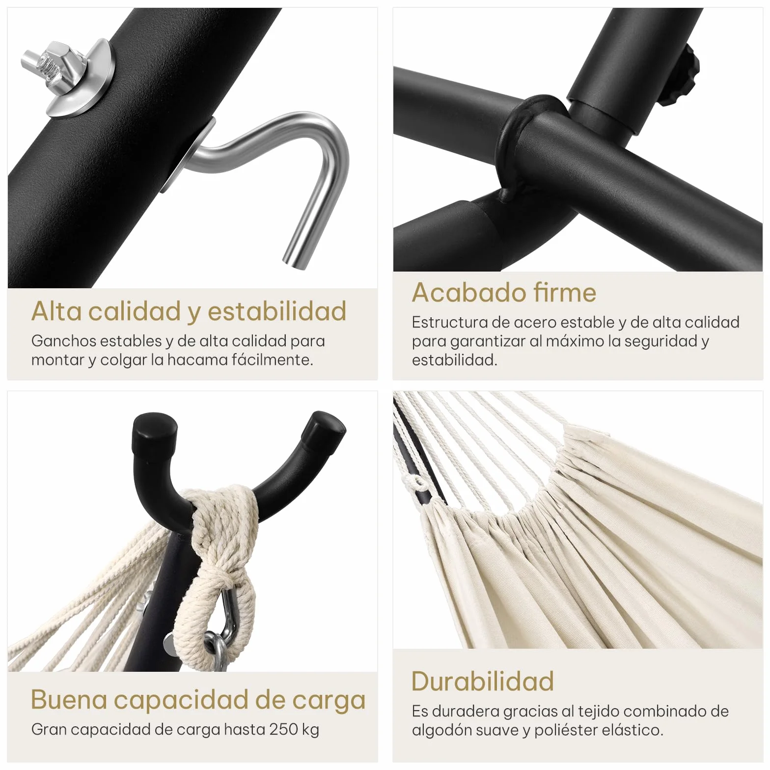 Laneetal Hamaca Jardín Tumbonas, Hamaca para 2 Personas con Soporte Metálico, Capacidad 250 kg, con Bolsa de Transporte, para Terraza, Jardín y Piscina, 280x106x100 cm (Beige, 280x106x100 cm)