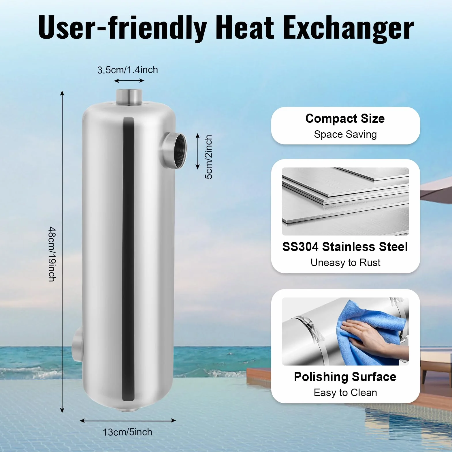 Intercambiador de calor de piscina de 60 kW, bomba de calor de acero inoxidable y resistencia al agua salada con flujo de agua de piscina de 250 l/min y flujo de agua caliente de 30 l/min,