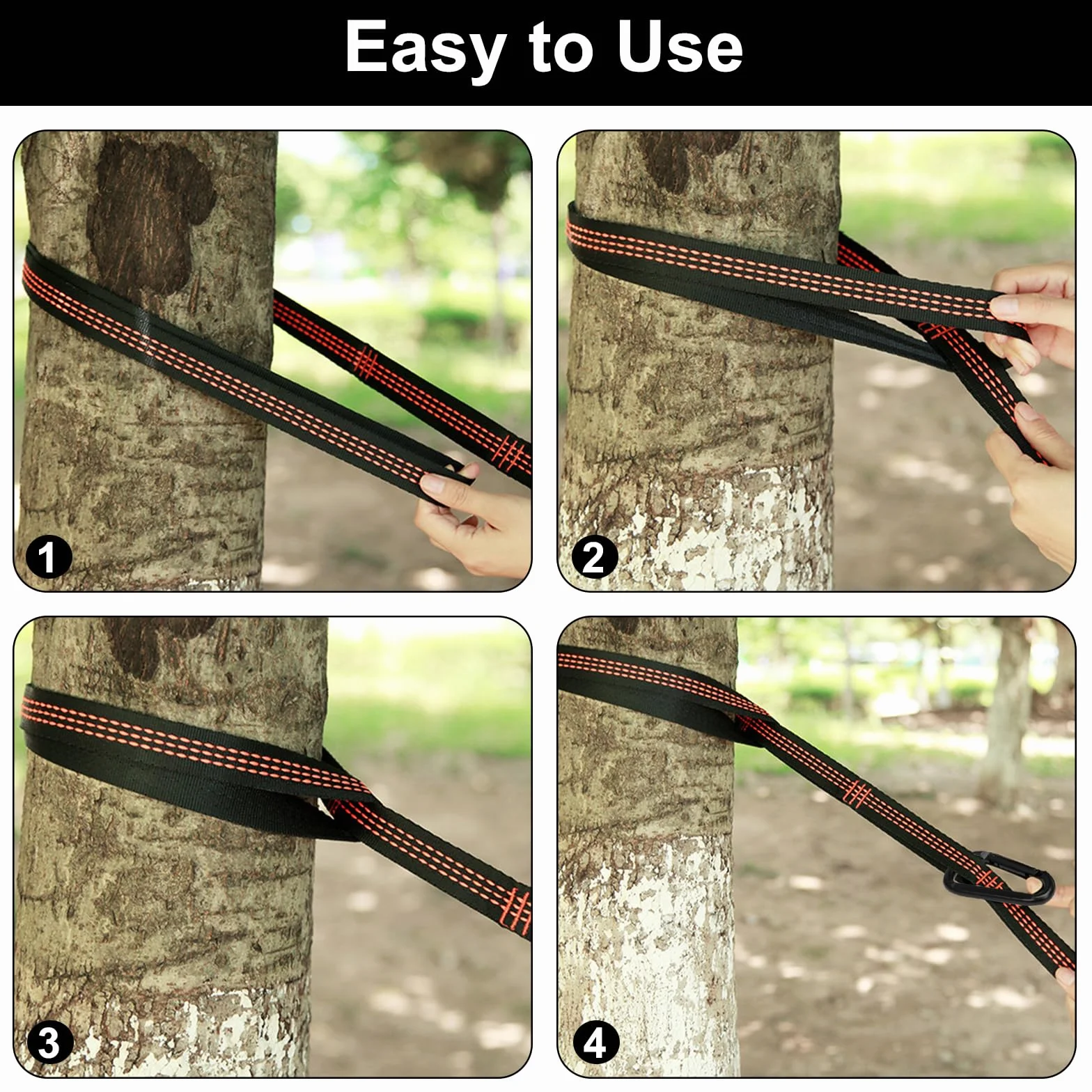 Correas de Suspensión para Hamaca 2m x 2,5cm con Mosquetones Resistentes - Kit de Fijación para Árboles, Camping y Columpio