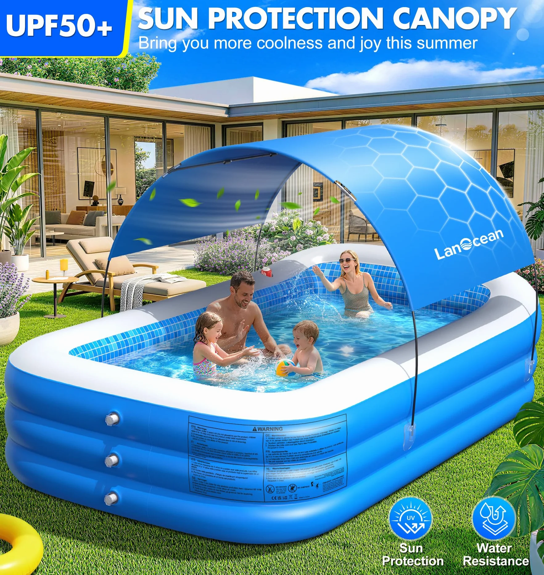 LanOcean Piscina Hinchable Adultos con Sombrilla, 280*160*50cm Piscinas Hinchables Grandes, 0,53mm Rectangular Piscina Hinchable infantil con Asiento y Portavasos, Piscinas Hinchables Familiar Jardin