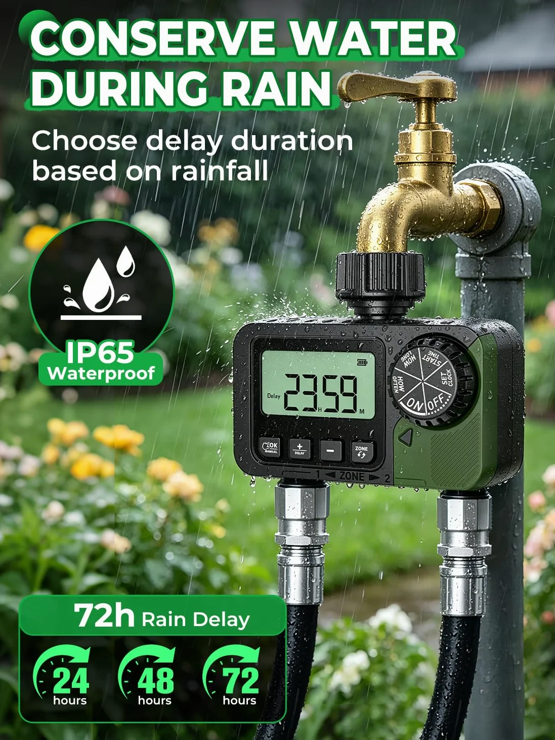 Temporizador de aspersor de 2 tomas, temporizador programable de manguera de agua con retardo de lluvia/sistema de riego manual/automático, riego automático digital al aire libre para jardín, patio