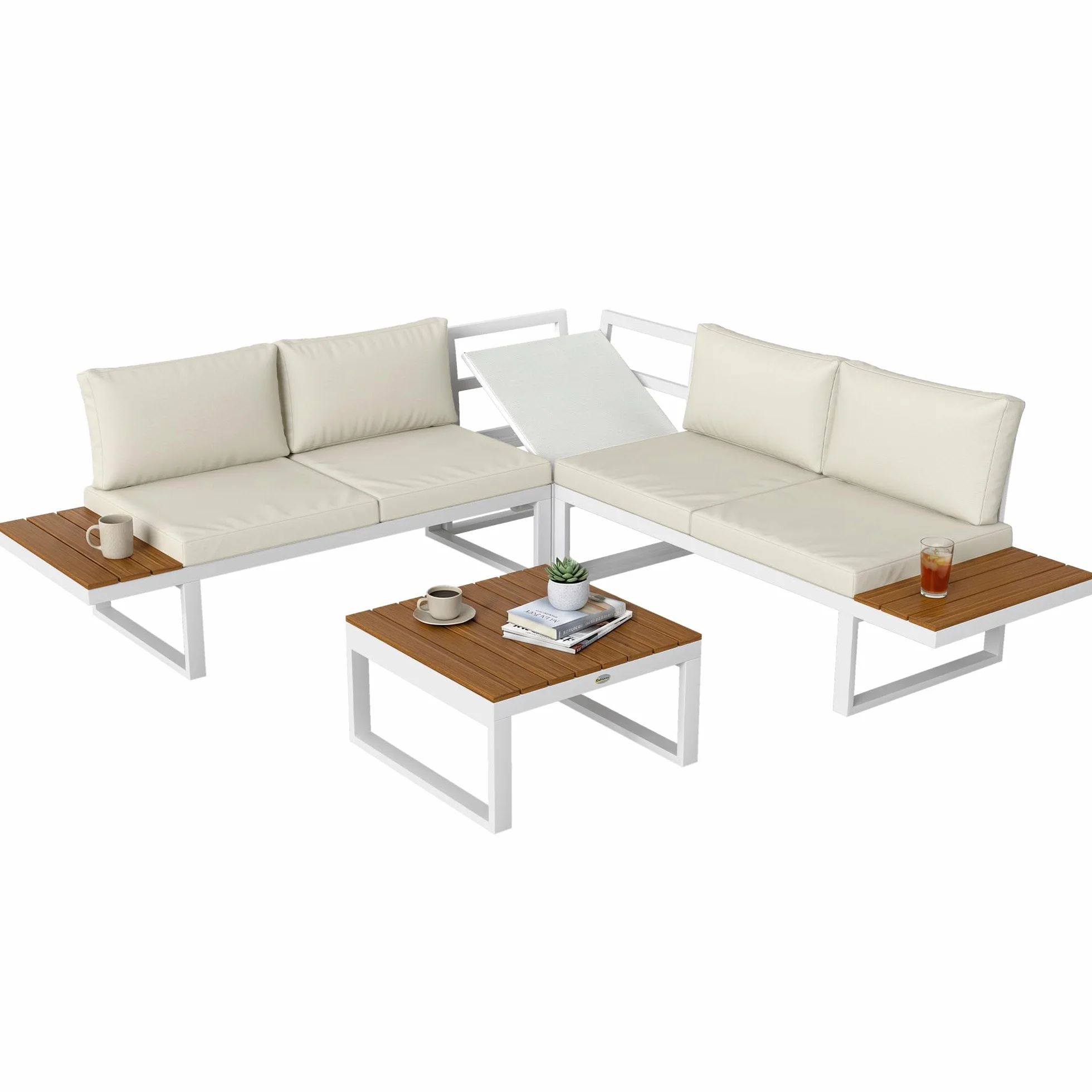 Outsunny Conjunto de Muebles de Jardín Exterior 4 Piezas Juego de Muebles de Terraza Incluye 2 Sofás Dobles 1 Sofá Esquinero Reclinable y Mesa de Centro Mesita Lateral con Cojines para Patio Crema