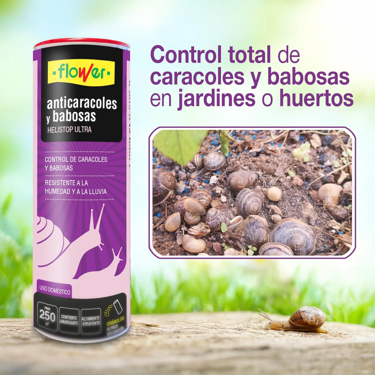Flower – Anticaracoles y Babosas Helistop Ultra 250 g | Cebo Micro Granulado | Con Metaldehído, Resistente a la Humedad | Jardín y Huerto | Uso Doméstico