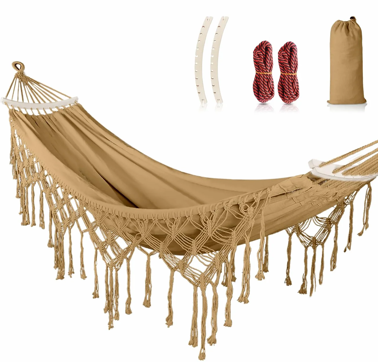 MOSFiATA Hamaca Jardin Boho, Hamaca Colgante con Flecos und Travesaño, Hamacas Tela Cómoda & Fácil de Montar, Capacidad de Carga de 250 kg