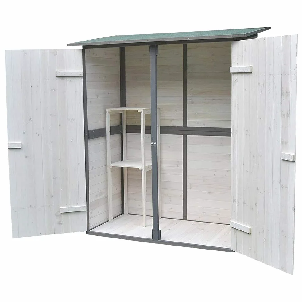 Melko Armario de jardín con techo reprimido y puerta de doble hoja blanco/gris, cobertizo de madera 162 x 140 x 75 cm, incluye estante